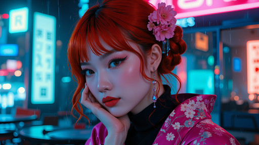 Cinematic still, hyperrealistic portrait photography. Dramatic dual-source neon lighting creates high contrast, with a sharp key light from the left and a soft fill light from the right, casting the scene in moody, saturated tones. 8k, masterpiece, intricately detailed, sharp focus.
An elegant woman with a cascade of cherry red hair poses with a calm confidence, her hand gently resting on her cheek. Her hair is adorned with electric magenta blossoms, and her lips are painted a matching cherry red. She wears a luxurious electric magenta silk kimono with delicate lapis lazuli floral embroidery over a modest obsidian black high-collared blouse. Rose quartz teardrop earrings dangle from her ears, and her flawless makeup features bold cobalt blue winged eyeliner.
She is in a high-tech lounge in a futuristic metropolis. The environment is bathed in a soft glow from holographic panels and advertisements. Sleek walls of deep lapis lazuli reflect the cobalt blue neon lights from outside, where the blurry bokeh of flying vehicles can be seen through a large window overlooking the rain-slicked city at night.
Cyberpunk geisha, neon elegance, futuristic portraiture, synthwave dreams.