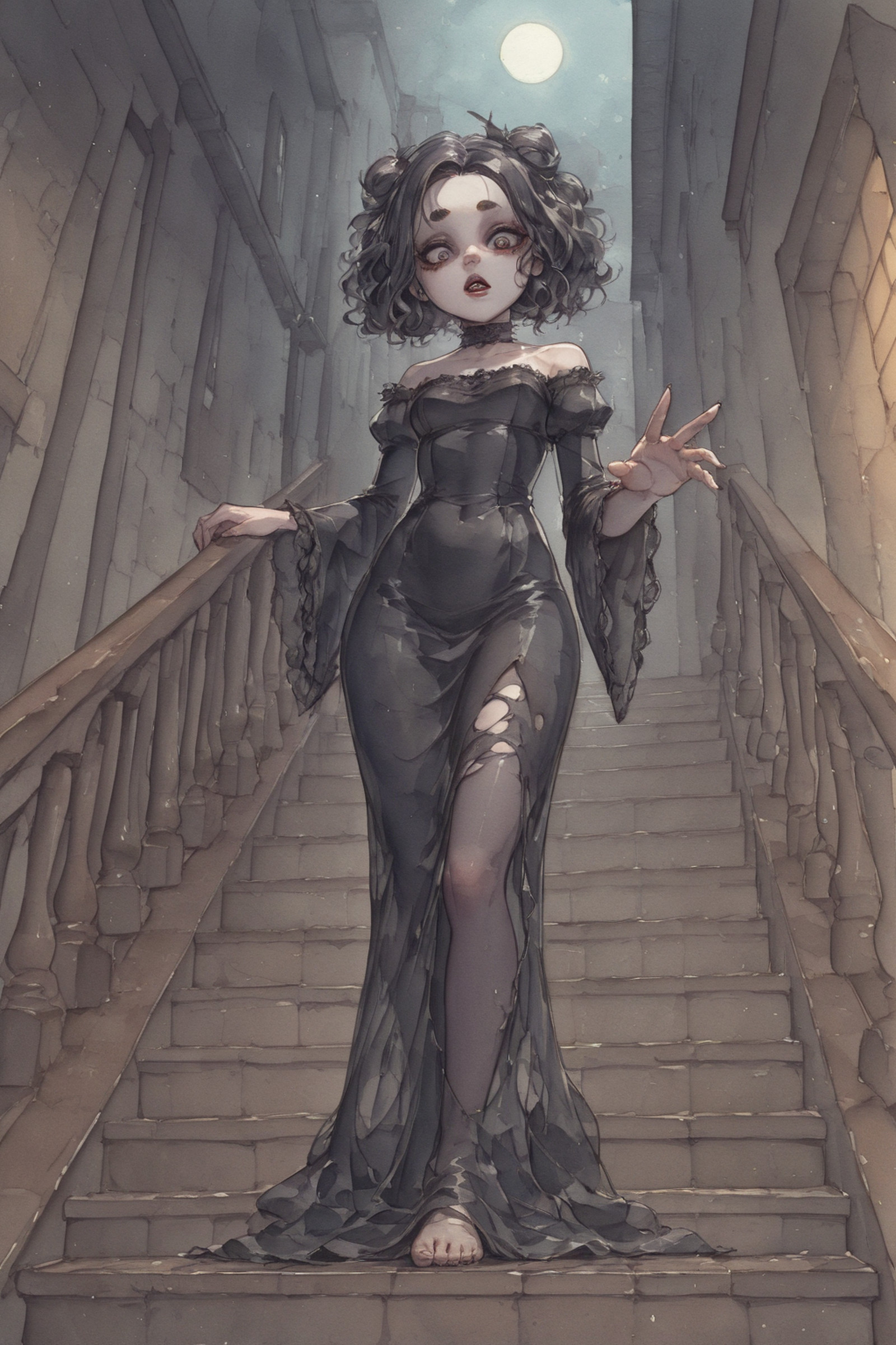 (Watercolor): 5, (Pastel), (Watercolors), Pencil Lines, Smooth Color Transitions,
Paint Drips, Watercolor Paint, Drawing Lines,
High Detail, Detailed, Depth of Field, Dynamic Lighting, Masterpiece, Detailed Eyes, <lora:watercolor2IL-style:1>
View from below, dark Gothic setting, staircase in a house, corner staircase, wood paneling on the walls, moonlight, old mansion,
woman standing on the stairs, skinny, creepy, beautiful, pale, black tangled hair, high hairstyle, wavy hair, narrow face, pointed chin, huge eyes, wide mouth, scarlet lips, thin eyebrows, open forehead, wide forehead, small pupils, mole near lip,
narrow shoulders, small breasts, protruding breasts, thin waist, narrow hips,
white flowing dress, closed dress, wide dress, translucent dress, wide sleeves, lace, shabby dress, shroud dress (torn dress), tattered dress, cobwebs on dress,
feet visible,
absent gaze, eerie look, extends hand, holds onto railing, detached, languid,
full body, looking down, view from below corner, stands behind the railing,