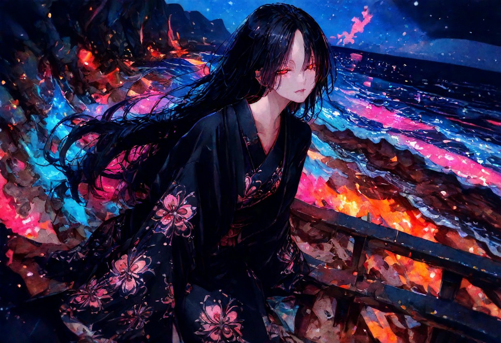 (masterpiece), best quality, expressive eyes, perfect face, (very aesthetic:1.2), (absurdres:1.2), newest,ai-generated, (intricate:1.3), score_9, score_8_up, score_7_up, 1girl, solo, (masterpiece:1.4), (best quality:1.4), (ultra-detailed:1.2), (perfect anatomy:1.3), (beautiful detailed eyes), (beautiful detailed face), (sharp focus), (vibrant colors), (super fine illustration), ((dynamic angle:1.2)), half-closed eyes, (light smile:0.7),
outdoors, night, cliff, sitting on railing, dirt road, ocean,
Watercolor,
very long hair, black hair, black kimono, floral pattern,