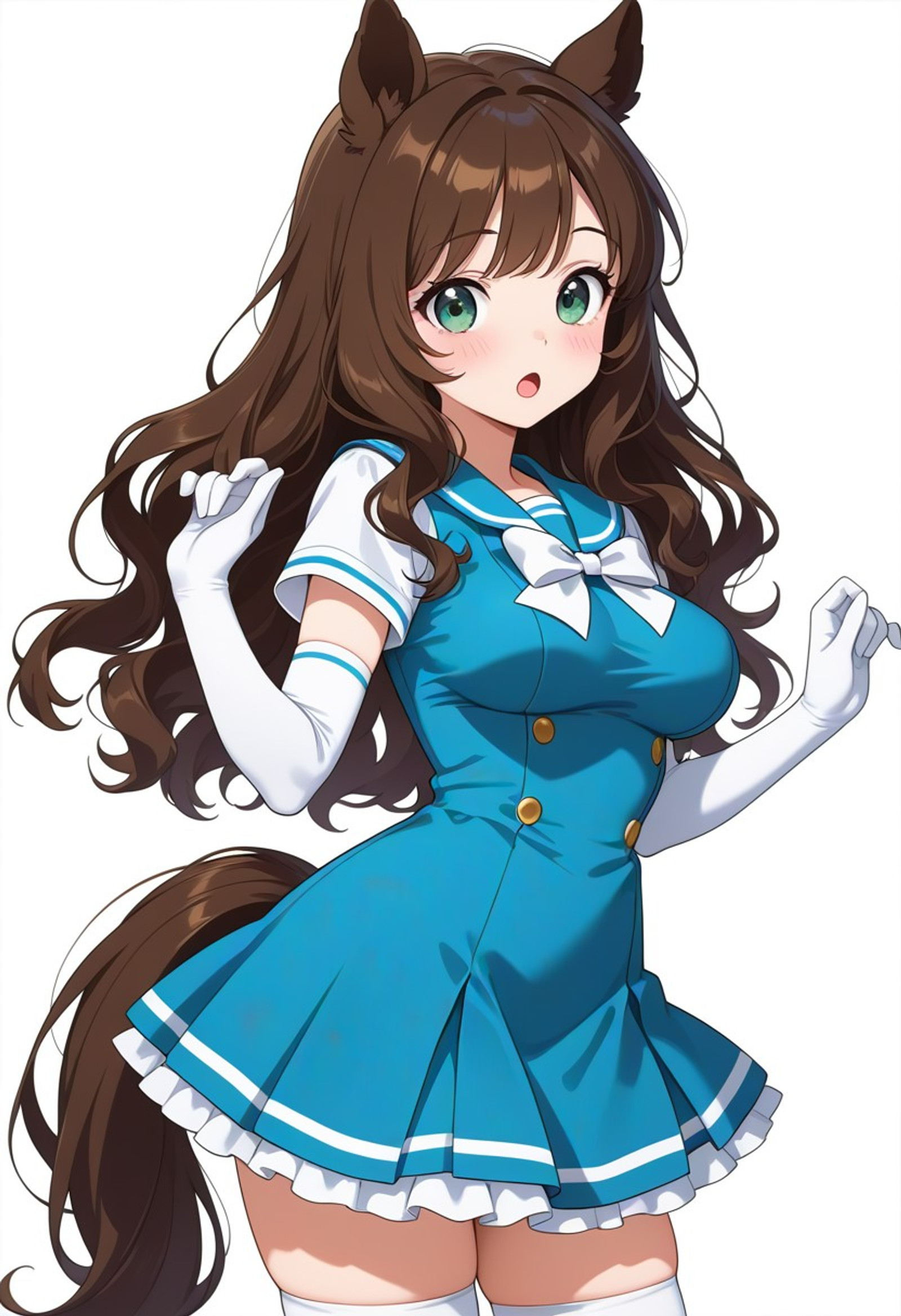 masterpiece, best quality, amazing quality, anime screencap, ((empty background, white background)),, hand drawn, 
medium sized breasts, long hair, hair over shoulders, bangs, perfect bangs, slightly wavy hair, dark brown hair, green eyes, solo, soft skin, ((:o)), open mouth, blush, cute face, ((tongue)), pinafore dress, white elbow gloves, white thigh highs, preppy, coquette, sailor collar, hair over shoulders, medium sized breasts, perky breasts, pony ears, pony girl tail, pony girl, smile, v-sign