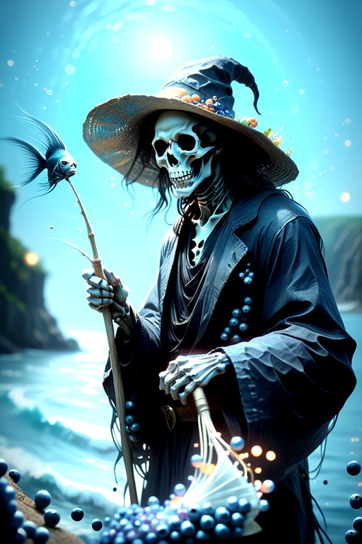 scenery, a grim reaper with a summer hat made is watching fish in the ocean. newspaper rod in hand, surprised expression.. blueberrym0rph. blueberrym0rph, made out of blueberries, dotstyle, bokeh, glowing