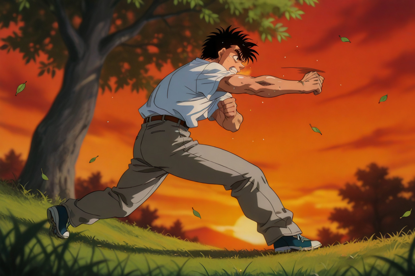 masterpiece, best quality, 1990s \(style\), retro artstyle, anime screencap, anime coloring, blurry background, anime_style, <lora:training_85443-20260318163834614:0.8>, hajimestyle, sunset
hajime_no_ippo, 1boy, solo, 1boy, hajime no ippo, ippo makunouchi, makunouchi ippo, solo, black hair, black eyes, muscular, from side, distant shot, full body, white t-shirt, gray pants, long pants, sweat, clenched teeth , straight punch, fighting stance, hands up, bare hands, bare arms, barehands, jab, punching, extended_arm, reaching, outstretched_arm, grasping, clenched hands, leaves, (falling_leaves:1.2), one tree, twilight, dynamic_pose, motion_lines, on grass