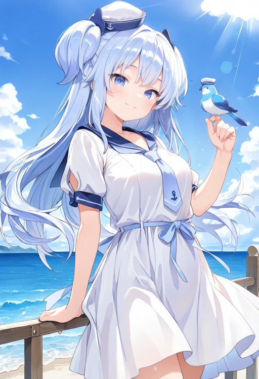 masterpiece,best quality,absurdres,1girl,
looking at viewer,smile,
bird on hand,sea,fence,sunlight,floating hair,floating clothes,leaning back,
<lora:training_5545125-20260302075658210:1>,sunao,hair ornament,
sailor hat,minihat,blue sailor collar,blue necktie,white dress,short sleeves,