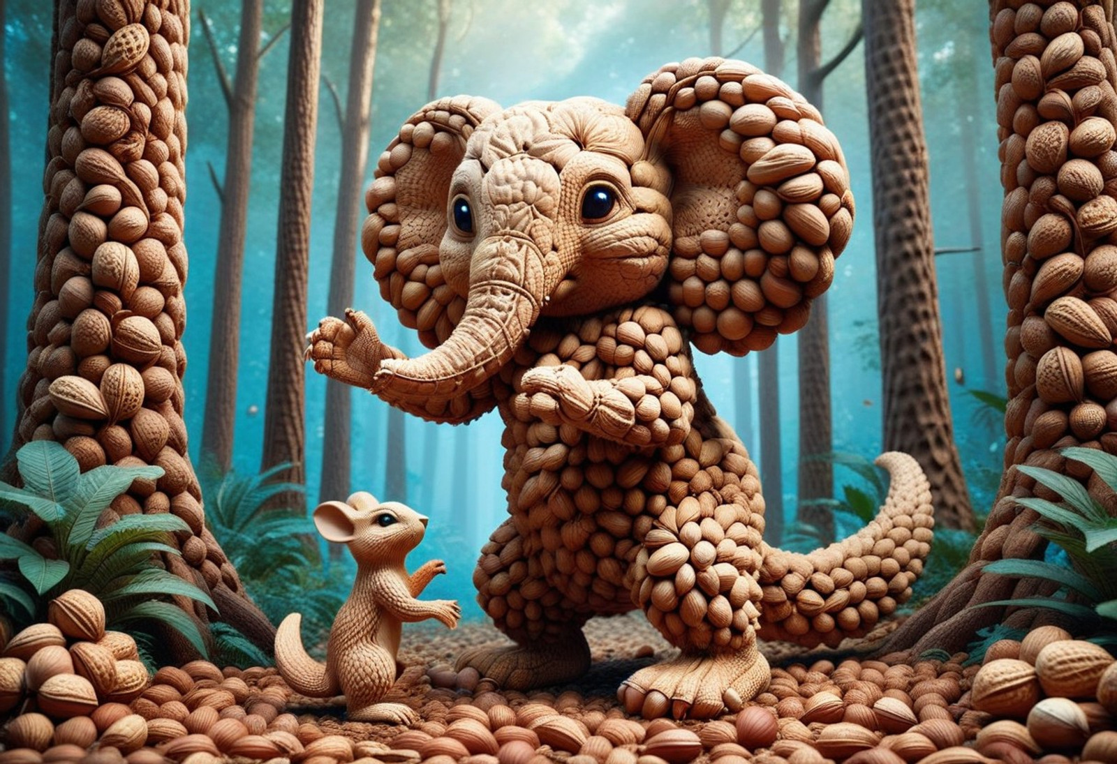 nutstylesnut, An anthropomorphic peanut elephant fighting over a single large peanut with an anthropomorphic peanut squirrel, in a whimsical fantasy peanut forest. The elephant has a body made of a large shell with bumpy textures, and a trunk resembling the curved tip of a peanut. The squirrel has a furry texture made of tiny peanut shells and is standing on its hind legs in a dynamic, aggressive fighting pose. Surrounded by oversized peanut-shaped trees, giant organic nuts, a glowing enchanted forest floor, cinematic lighting, magical dust, highly detailed, 8k resolution, National Geographic macro photography style.