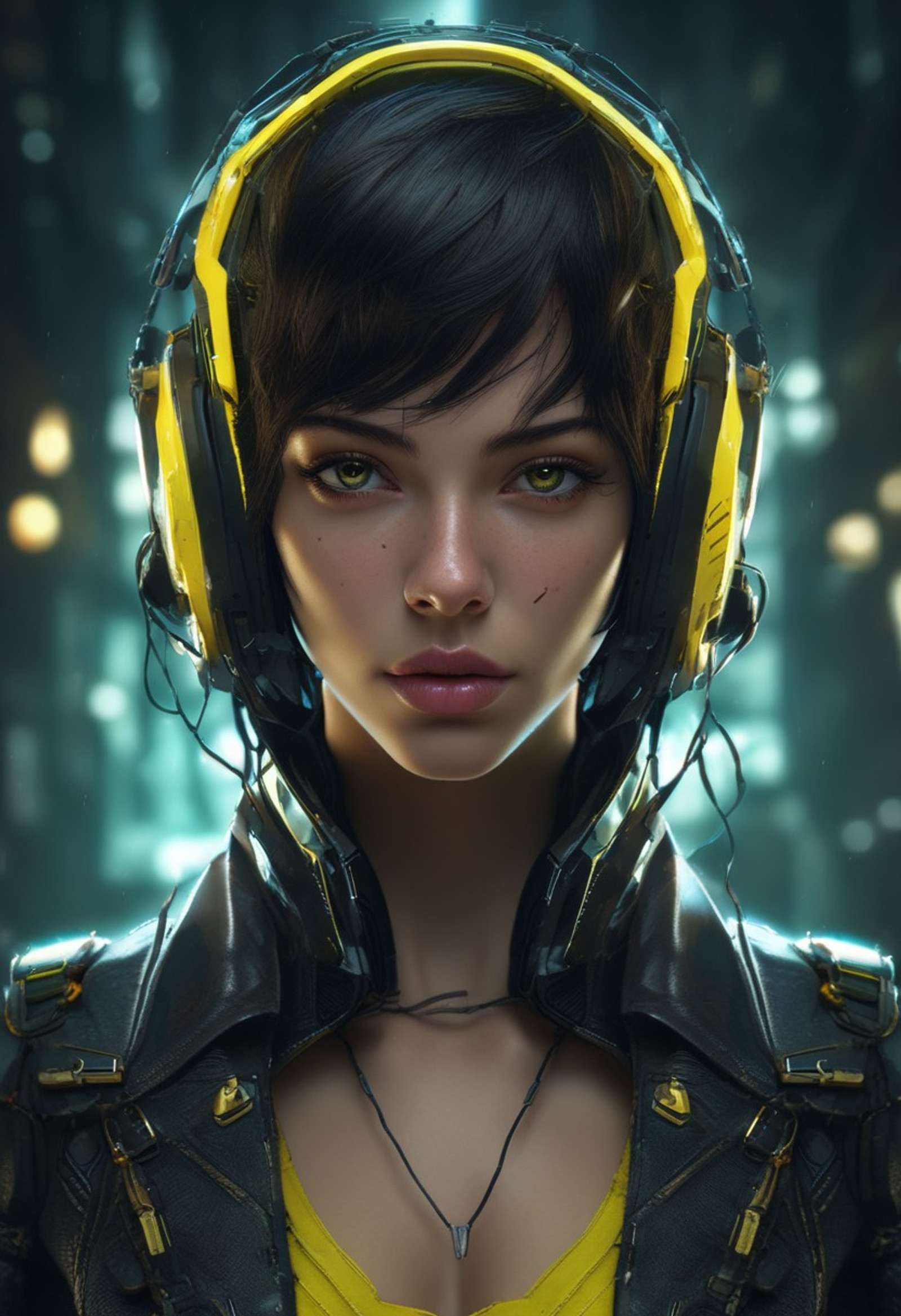 cf_style,  best artist, best shadows, best lighting, best textures, masterpiece, 
masterpiece, best quality, highly detailed, sharp focus, (masterpiece, best quality, amazing quality, very aesthetic, extremely detailed, very detailed, absurdres, newest, CONCEPT & MEDIUM: Hyperrealistic cinematic extreme close-up portrait of a rebellious cyberpunk hacker girl android, dark futuristic and edgy atmosphere with ultra-high detail. SUBJECT DESCRIPTION: A striking young female figure with pale smooth skin, messy wet-look black hair intertwined with exposed wires, metallic twigs and mechanical implants, large glossy black futuristic visor goggles with glowing bright neon yellow "LOADING" digital display, intense hazel eyes visible behind the visor, silver septum nose piercing, slightly open mouth revealing teeth, and subtle neon yellow reflections on her face. ACTION & INTERACTION: Looking directly at the viewer with a defiant, slightly aggressive and captivating gaze, mouth parted as if speaking or breathing heavily, head tilted slightly forward in a provocative pose. APPAREL: High-collared cyberpunk jacket in vibrant neon yellow and matte black with visible zippers and technical details, black textured armored underlayer with mechanical patterns, reinforced glossy black shoulder armor with exposed bolts and ports, numerous black cables and wires emerging from the hood and neck area. ENVIRONMENT & FOREGROUND: Extreme close-up focusing intensely on the face, visor and upper torso, emphasizing the glossy textures of the visor, wet hair strands, reflective metallic elements and the contrast between neon yellow and black materials. BACKGROUND & LIGHTING: Clean but moody cyberpunk setting with dramatic cinematic lighting, strong neon yellow highlights reflecting off the visor and jacket, soft diffused side lighting creating depth on the face and hair, subtle atmospheric particles, shallow depth of field with smooth bokeh., cinematic clouds, moody lighting, hyper detailed mineral textures, epic scale, soulslike aesthetic, volumetric fog, dramatic shadows, intricate details, 8k, bokeh,