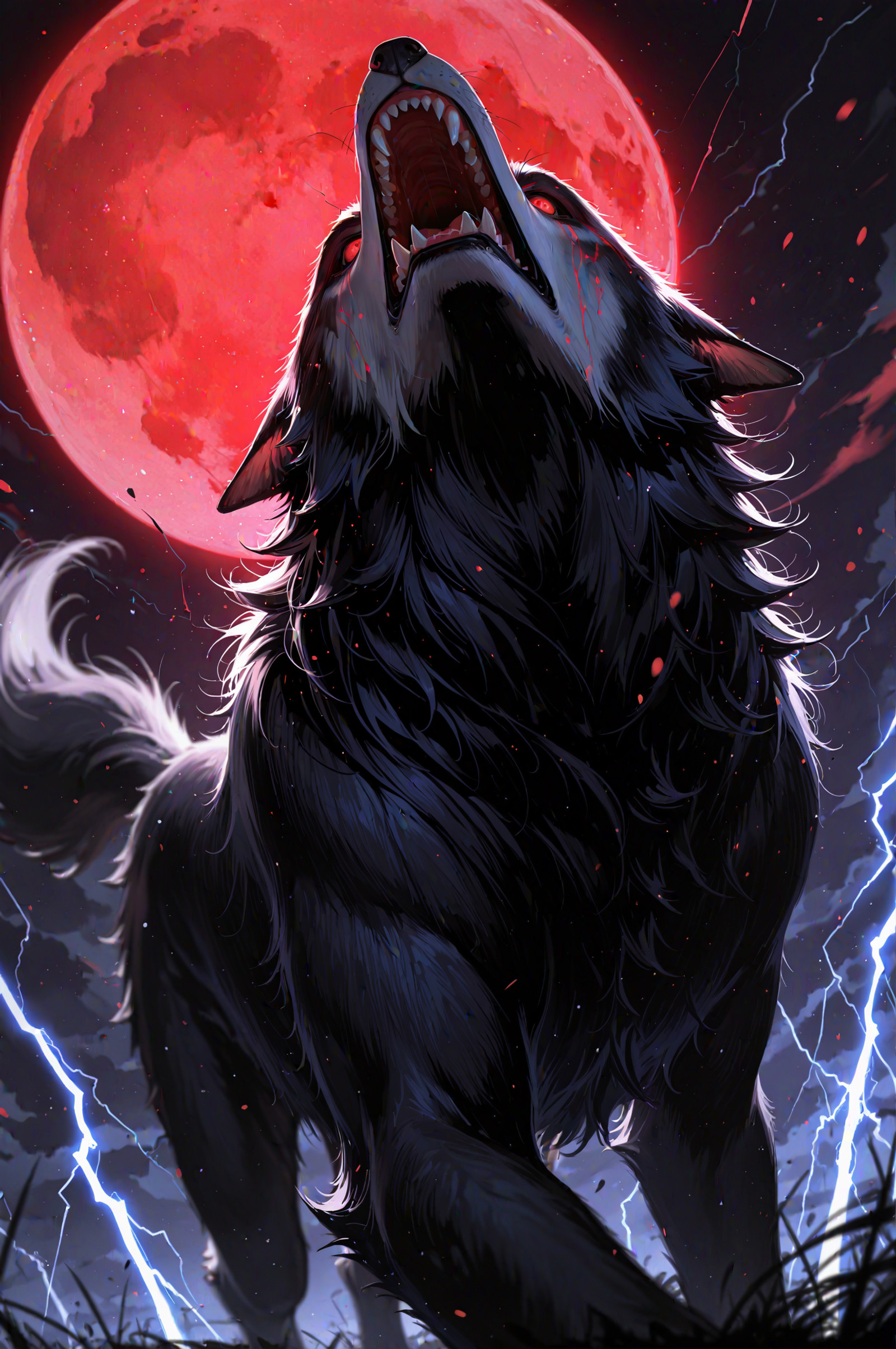  GVArgr, (red moon:1.3), moon, no humans, WOLF, werewolf, male werewolf, masterwork, masterpiece, best quality, dynamic lighting , dynamic pose, dynamic angle, ,lightning storm, , detailed, depth of field, dynamic lighting, blurry, close-up shot, focus on face, dimly lit, black ink, low-key, inked lines, dark atmosphere in the style of cksc, lineart. duotone. pale colors. ((Horror)) setting.