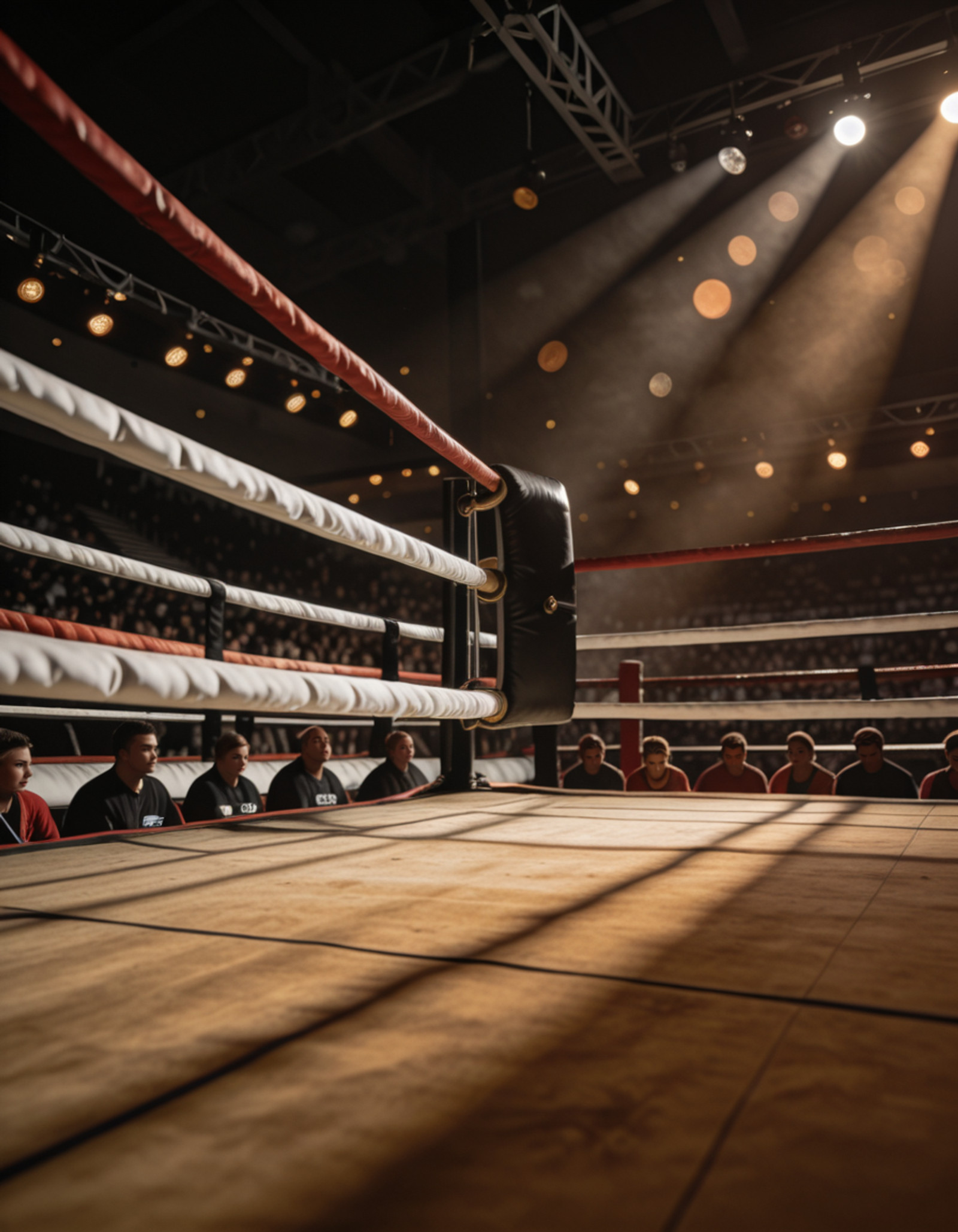 lowered background, boxing ring corner seen from inside the ring, interior view of ring corner, corner post with turnbuckle padding, red and white ropes stretching across the frame, canvas floor in foreground, view looking toward the corner, blurred crowd beyond the ropes, distant stadium seating, spectator silhouettes behind the ropes, overhead arena spotlights, dramatic top-down lighting, atmospheric haze, warm light beams cutting through the air, bokeh lights in the background, shallow depth of field, sports venue atmosphere 
boxing ring c0rn3r  <lora:boxing_ring_c0rn3r-i:1>, Masterpiece,best quality,hi res,8k,(sharp focus, intricate, highly detailed),