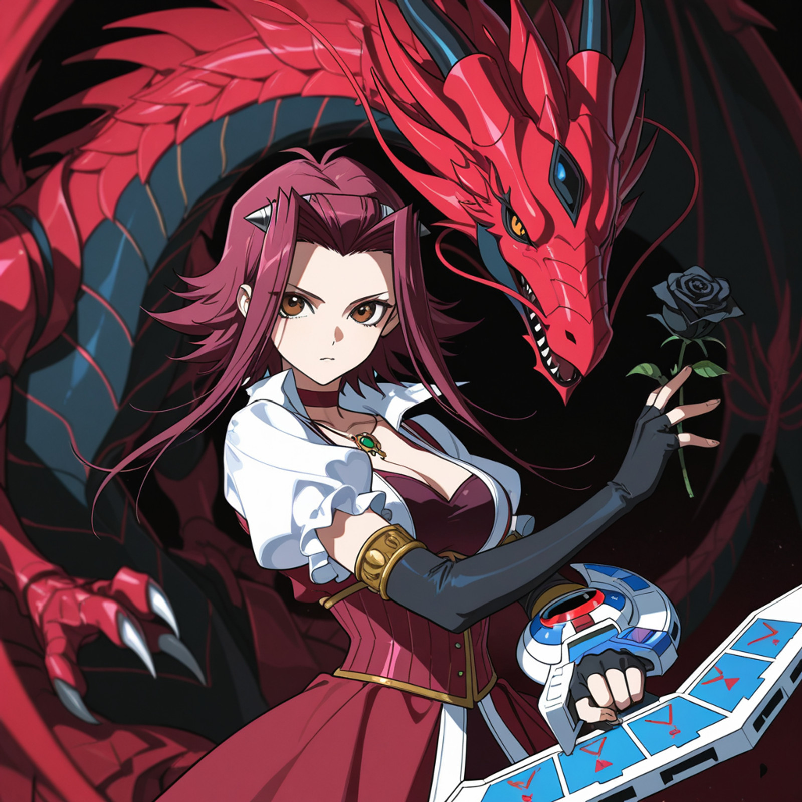 @rella, @yoneyama mai, duel monster , (black rose dragon :1.2), izayoi aki, duel disk, puffy short sleeves, short sleeves,black gloves, corset, white shirt, elbow gloves, fingerless gloves, red dress, trading card, masterpiece, best quality,score_9, score_8, score_7, <segment:yolo-AnzhcFace-seg_640_v3_y11n.pt-1,0.2,0.25//cid=11>, <segment:yolo-hand_yolov9c.pt,0.1,0.25//cid=12>, <segment:yolo-AnzhcEyes-seg-hd.pt,0.1,0.25//cid=13>,