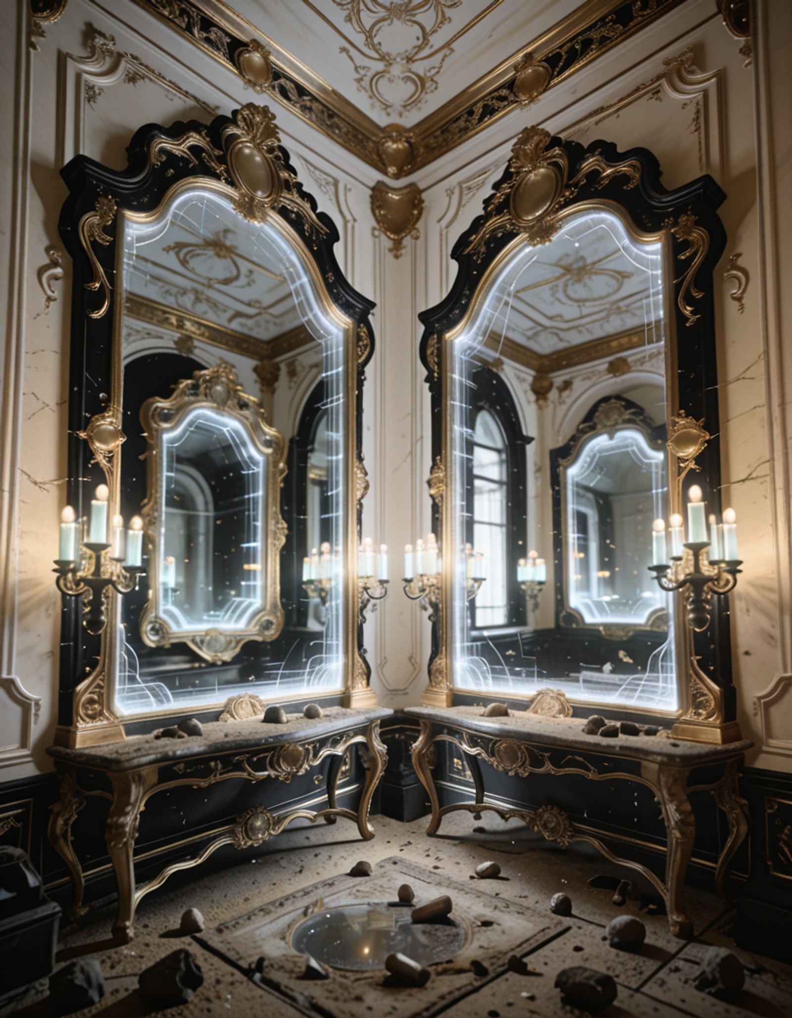 ultra-detailed rococo sanctuary, post-human future,human remnants, oversized gilded frames encasing holographic voids, 
fractal moldings in black gold and translucent ivory, 
mirrors reflecting adjacent dimensions, 
bioluminescent candelabras, warped proportions, uncanny symmetry, 
dust of centuries on baroque furniture, floating data streams 
woven into ornamental plasterwork, eerie reverence atmosphere, 
cinematic lighting, depth of field
ultra-detailed rococo s4nctu4ry  <lora:training_1715964-20260301163514302:1>, Masterpiece,best quality,hi res,8k,(sharp focus, intricate, highly detailed),