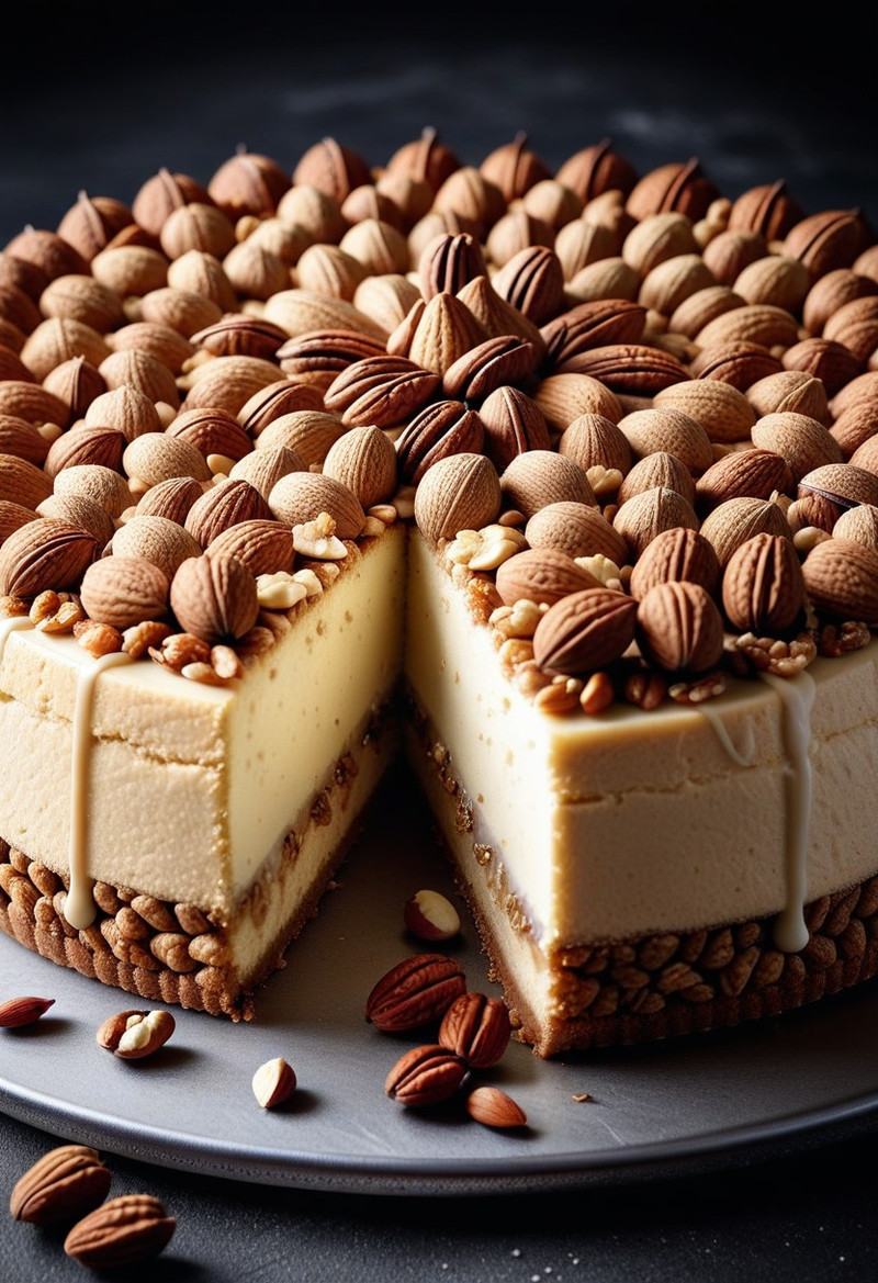 nutstylesnut, a delicious cheesecake completely made from textured nuts, the cake base is crushed almonds, the