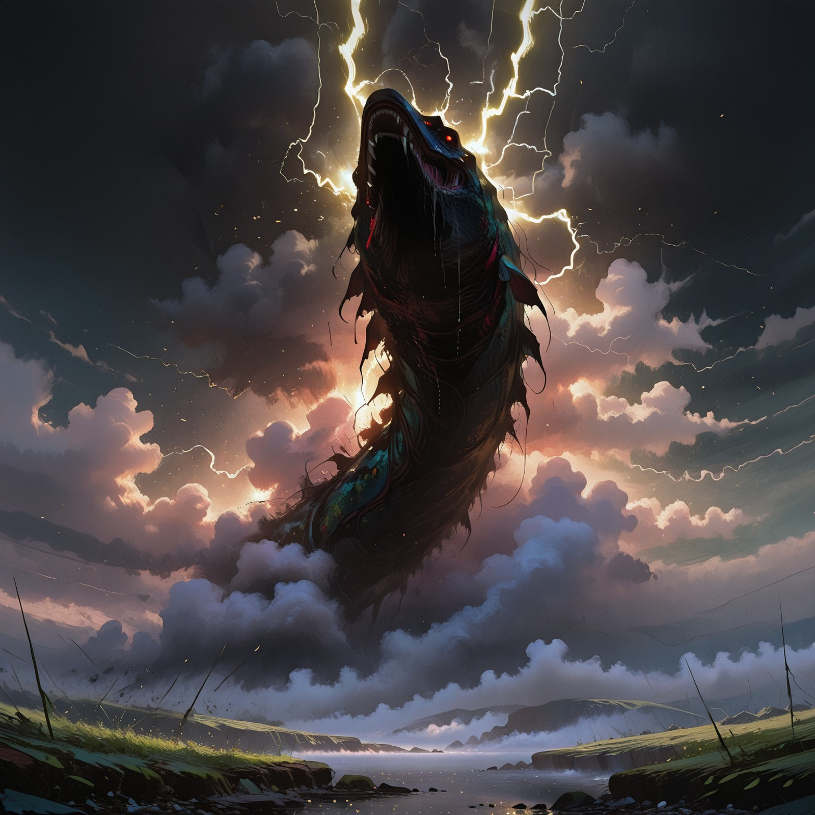 masterpiece, best quality, amazing quality, absurdres, newest, ultra high resolution, nohumans | BREAK

blissful islands of peace and calm tossed about by liquid thunder, a roiling maw forms in the clouds, vicious maw, a worm-like entity claws through the clouds and smoke, electrified oceans, crackling with lightning, fish leaping through the air, raw fear and a blackened sky, a charred sky of torment, the air shatters into thousands of fragments, the place where no man has gone

SoulStain, Gl9w, scnr