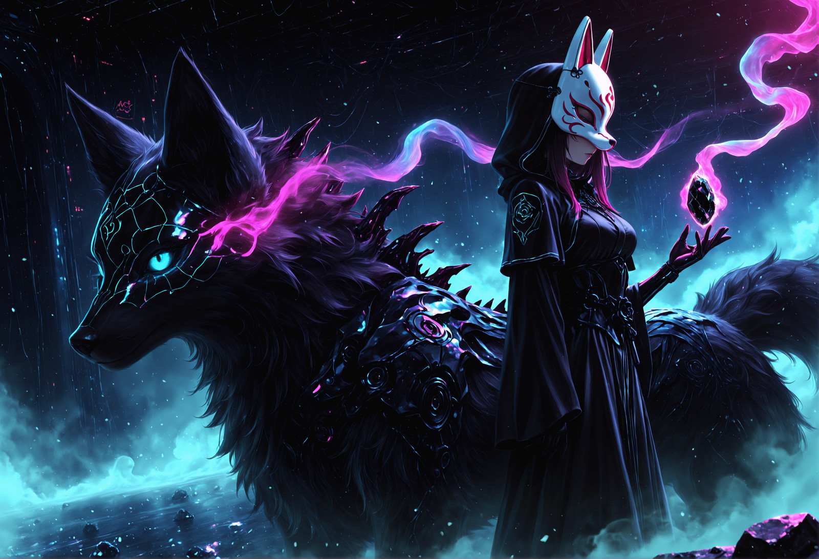 masterpiece, maria_rose:0.3, kaeranu_kaeru:0.3, waterring:0.3, sciamano:0.5,
1girl, glowing neon, cyberpunk, general, 
ethereal smoke fox spine, rainbow fog shattered fox mask, ebony silk lament, midnight silk ashes, luxury