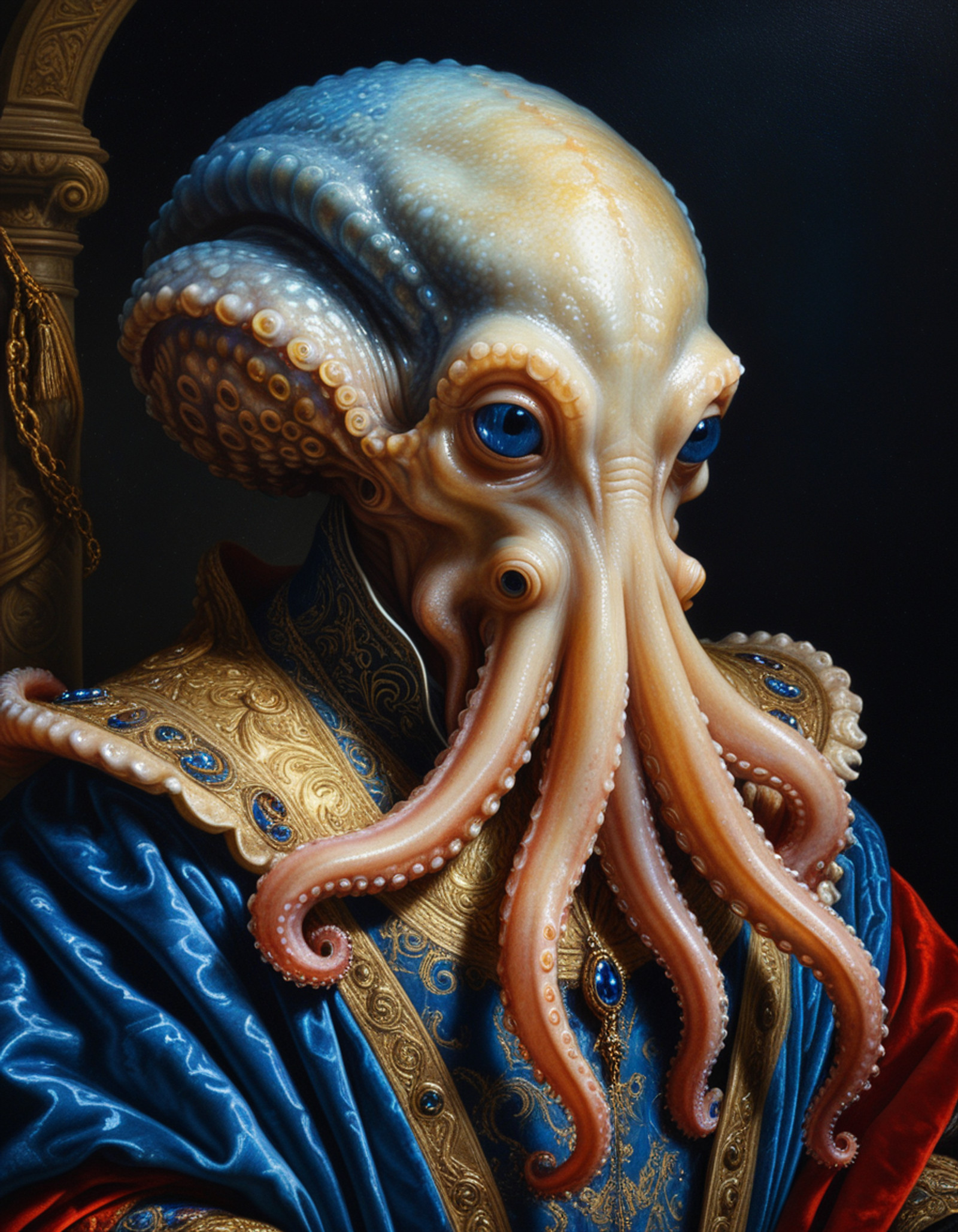 Rembrandt realistic oil painting, retro artstyle,  8k high quality digital painting, very detailed, ultra realistic, (best quality) very detailed masterpiece, close up portrait of an futuristic octopus-like alien creature in medieval
 environment, iridescent skin, red blue velvet, very dark background, baroque style, gold, marble, very dramatic lighting,much shadow, Rembrandt style, Vermeer style, low saturation, realistic realistic, realism, photo realistic oil painting, photo 
realistic painting, <lora:clear:1>,<lora:xl_more_art-full_v1:0.4>