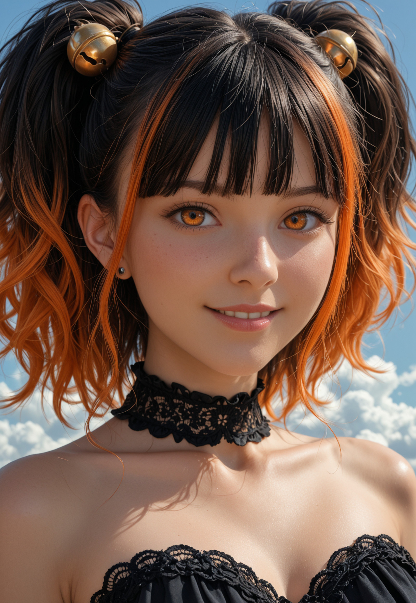 masterpiece, absurdres, best quality, very aesthetic, very awa, p0nyd1sney1ncasev1x0n2:1.5, 1girl, 25 years old, perfect face, 
detailed face, portrait, face focus, depth of field, blush, shy smile, 
orange eyes,
two-tone hair, colored tips, black hair, orange hair, twintails, (big hair), hair bell, medium hair, long sidelocks, blunt bangs, 
lace choker, black choker, 
black dress, bare shoulders, frilled dress, sleeveless, strapless, 
stud earrings, 
blue sky,  cloud, lens flare, day, looking at viewer,looking up,, looking at viewer,