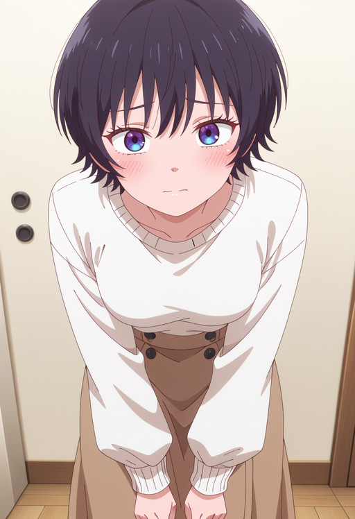 masterpiece, best quality, score_7, highres, absurdres, Eyes narrowed, intense stare, lips pressed into a thin line, eyebrows furrowed with focus, face unyielding, no sign of hesitation, anime screenshot, safe, kmntsubomi, black hair, short hair, purple eyes, solo,  tsubomiskirt, white shirt, shirt, long sleeves, sweater, skirt, white sweater, brown skirt, casual, long skirt, high-waist skirt, sleeves past wrists, standing, leaning forward, unique pose, unique angle,,