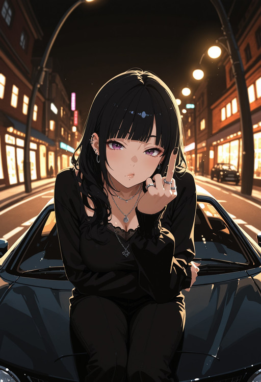 ((1girl)), dynamic lighting, cinematic lighting, detailed eyes, looking at viewer, goth, emo, mature woman, blunt bangs, middle finger, pouty lips, black hair, piercings, rings, necklace, high angle, fisheye, sitting on car, on top of car, leaning on car, car, outside, street, street lights

lazypos

no lineart, flat color

BREAK (4k, 8k, HD), masterpiece, best quality, ultra-detailed, very aesthetic, depth of field, best lighting, detailed illustration, detailed background, cinematic, beautiful face, ambient occlusion, raytracing, soft lighting, 8K, illustrating, CG, detailed background