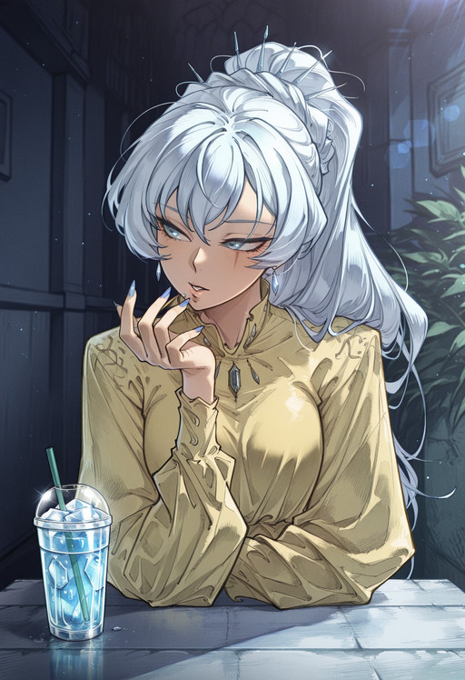 ReiNa__55555_style, high contrast, cinematic lighting, 1girl, solo, long hair, shirt, white hair, hair between eyes, puffy hair, jewelry, upper body, earrings, parted lips, nail polish, cup, fingernails, looking to the side, blurry background, makeup:0.4, holding cup, blue nails, yellow shirt, drinking straw, ice, drink, disposable cup, holding drink, ice cube, ((Weiss Schnee)), ponytail, hair ornament, blue eyes, scar across eye
masterpiece, best quality, ultra-detailed, highest quality, official art, absurdres, latest, very awa, very aesthetic, HDR, detailed shading, (detailed background, realistic background), official art, latest, very awa, very aesthetic, detailed shading, (detailed background, complex background), amazing quality, intricate, (scenery:1.4), perfect proportions, perfect hands, 8k, refined details, high resolution, bokeh, light particles, (lens flare:1.5), (blurry foregound:1.3), best anatomy, high contrast, bright face, volumetric lighting