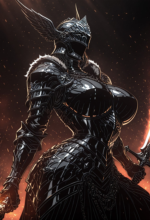 (masterpiece, best quality, 8k, ultra-detailed, high resolution, dramatic lighting, cinematic lighting, depth of field, lineweight, dark_art_style),
(Flat color:2),
(mature female, solo, mask helmet, winged helmet, knight),
(White background, simple background, visual effects, energy, particles, embers),
(Curvy, narrow waist),
(Dynamic pose, dynamic angle, knight armor, warlord, fur, heavy armor, armor plates, standing, wrapped chains, holding battle sword, action, combat stance),