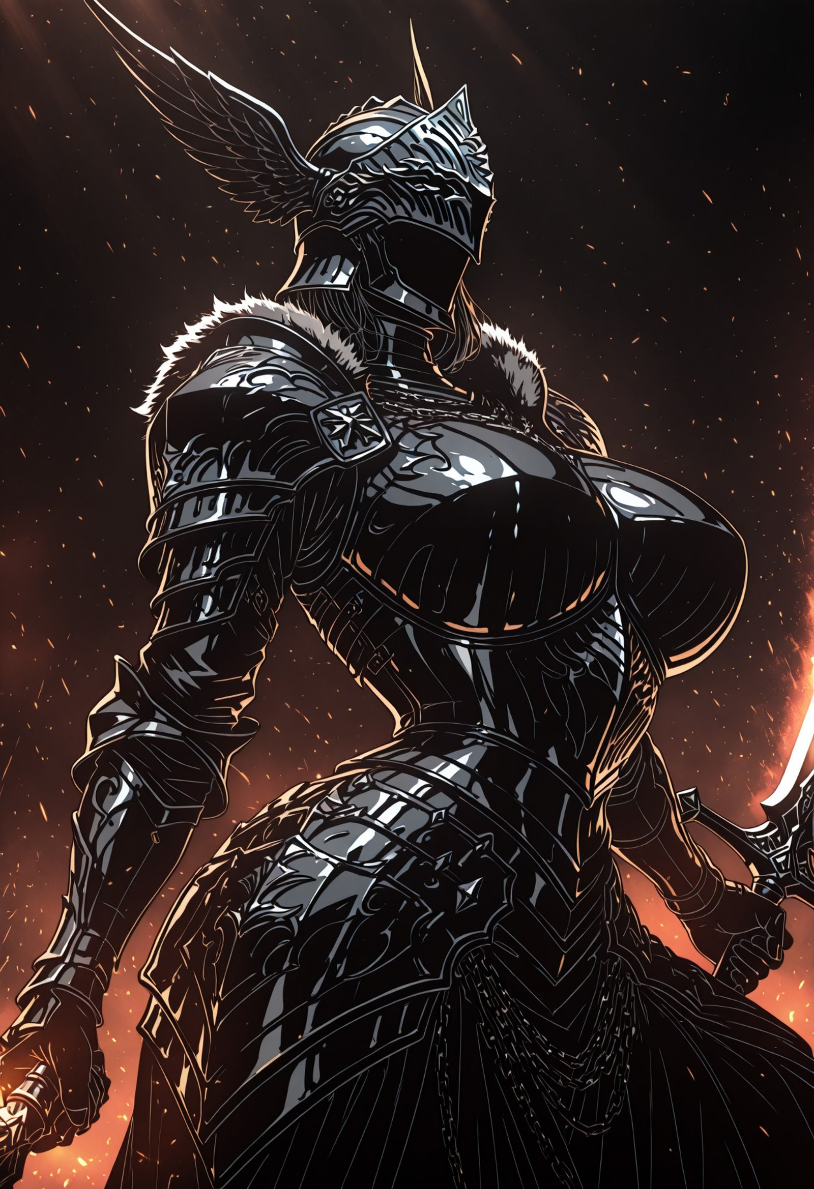 (masterpiece, best quality, 8k, ultra-detailed, high resolution, dramatic lighting, cinematic lighting, depth of field, lineweight, dark_art_style),
(Flat color:2),
(mature female, solo, mask helmet, winged helmet, knight),
(White background, simple background, visual effects, energy, particles, embers),
(Curvy, narrow waist),
(Dynamic pose, dynamic angle, knight armor, warlord, fur, heavy armor, armor plates, standing, wrapped chains, holding battle sword, action, combat stance),
