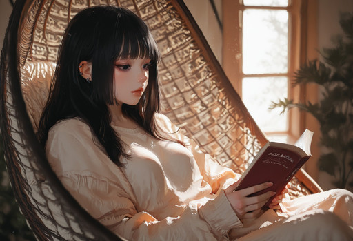 thick eyelashes, masterpiece, best quality, high quality, newest, highres, 8K, HDR, absurdres, dynamic pose, 1girl, black hair, solo, ear piercing, bangs, shirt, long hair, (straight eyeliner, aegyo sal, gradient lips a, douyin makeup), black eyes, blunt bangs, ear piercing, cinematic lighting, depth of field, (blurred background), (dramatic lighting), (cinematic lighting), perfect hands, very aesthetic, very awa, atmospheric, dynamic angle, volumetric lighting, realistic, photorealistic, 

hanging chair, sitting, warm lighting, sun rays, light particles, cozy, home wear, relaxing, reading a book, looking down, holding a book, long shot, wide shot, window, trees visible outside the window