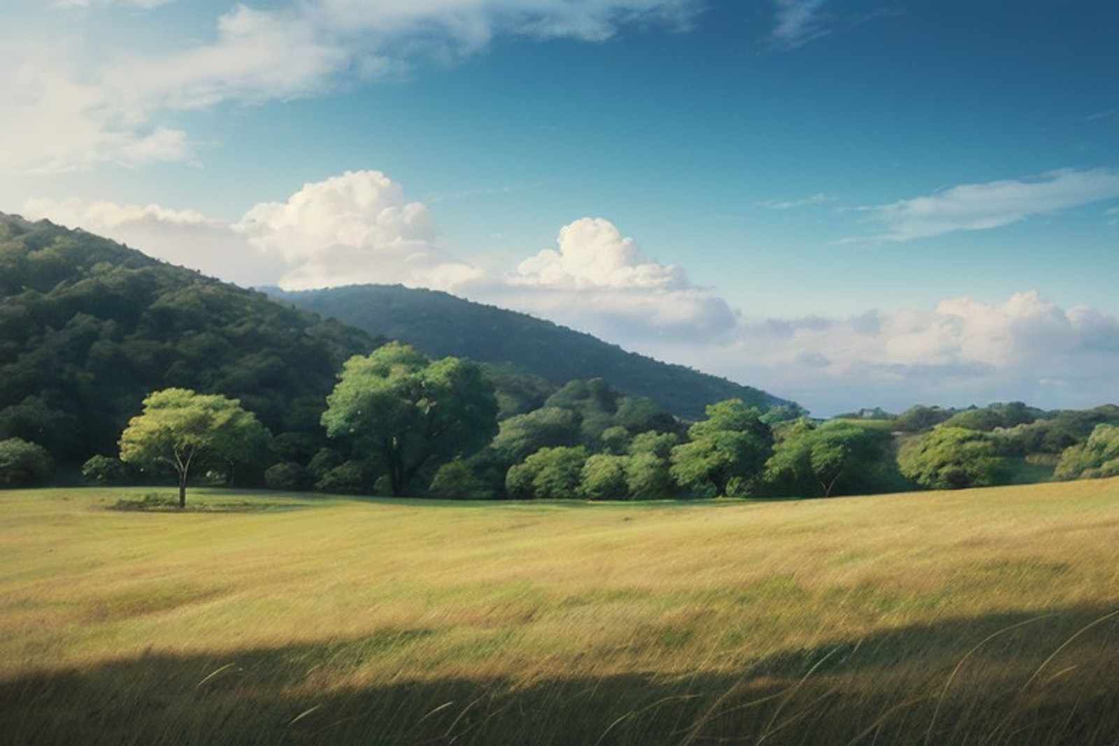 <lyco:StudioGhibli:1.0> dvd screengrab studio ghibli landscape, clouds, sunny,
Studio Ghibli Style - Anime style image. A rolling green hill covered in vibrant, lush grass. The grass has a slight texture and gradient due to the light.
A bright, clear, sunny day with a deep blue sky dotted with puffy, white cumulus clouds. The scene is outdoors with no visible signs of civilization beyond the grass.
Natural sunlight, providing even illumination across the scene, creating soft shadows and highlighting the texture of the grass.
Wide-angle shot with a low horizon line, emphasizing the vastness of the sky and the rolling landscape. The composition is simple and balanced, drawing the eye across the scene.