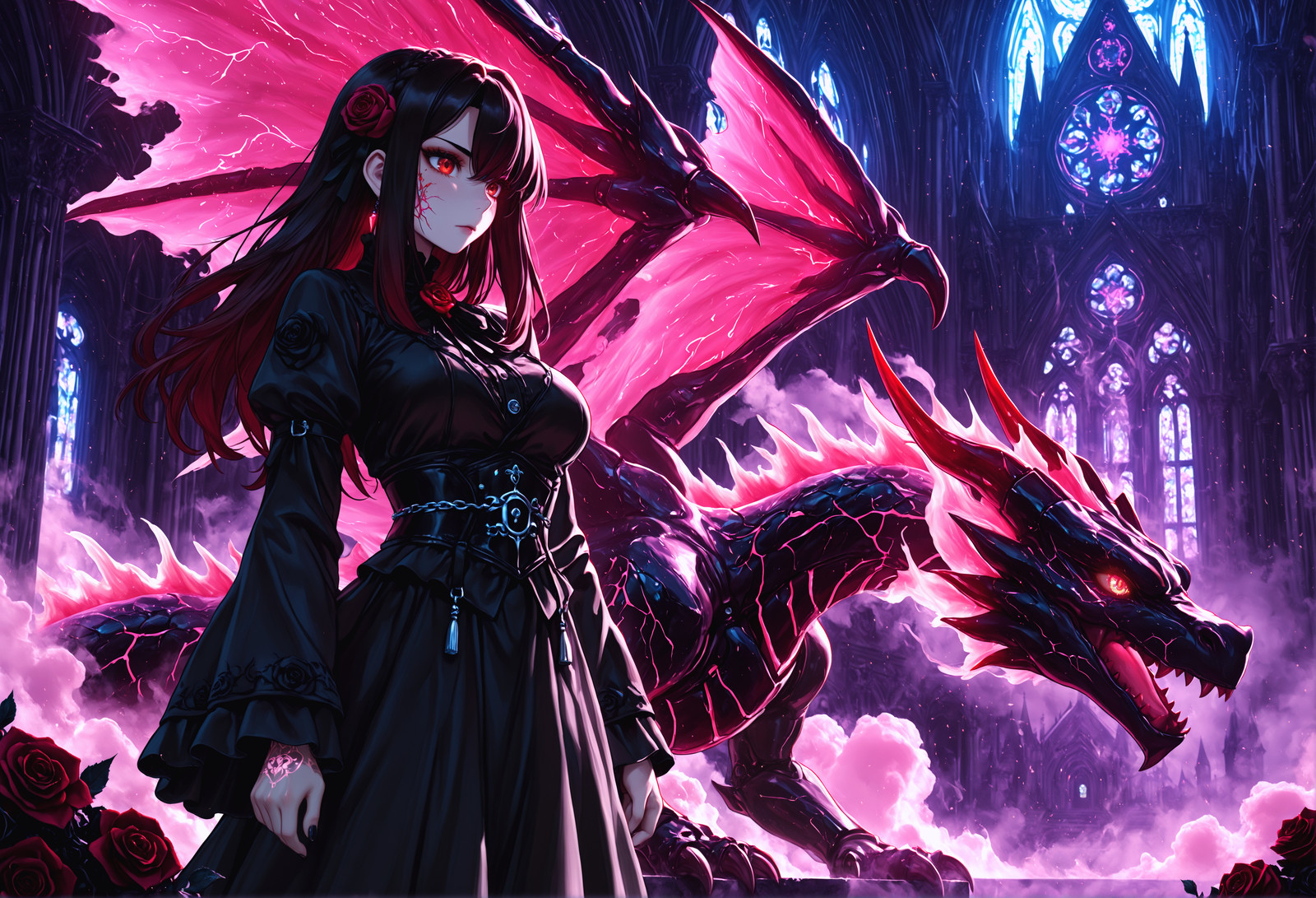 masterpiece, maria_rose:0.3, kaeranu_kaeru:0.3, waterring:0.3, sciamano:0.5,
1girl, glowing neon, cyberpunk, general, 
vibrant prism fog obi, vibrant smoke dragon vein collapse, gothic iron sorrow, gothic rose cathedral, surrealism