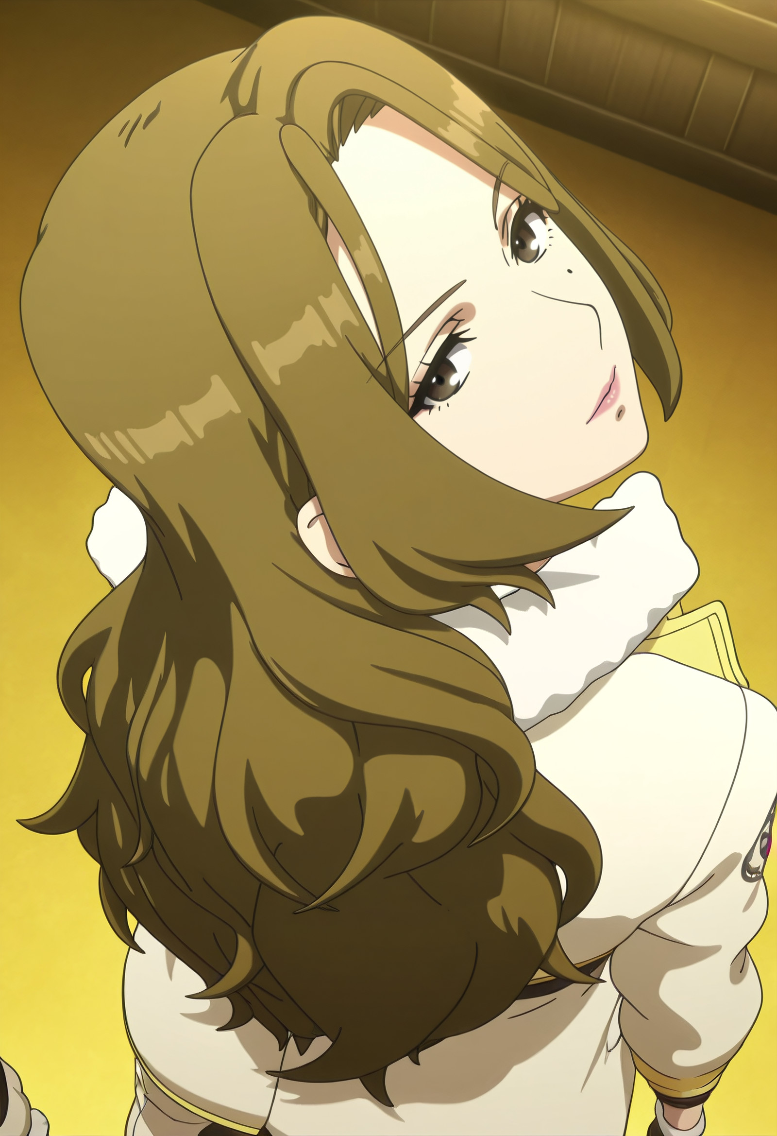    masterpiece, best quality, amazing quality, anime_screencap, anime_coloring, Sharp, piercing gaze, lips slightly parted in a quiet command, eyebrow arched, intense focus, no trace of submission, KNKZara, long_hair, brown_hair, brown_eyes, mole, mole_under_eye, mature_female,  solo, winter clothes, winter coat, white coat,open coat, white pants, fur-trimmed coat,  from behind, high-angle view, <segment:girl's face,0.55,0.2//cid=11> Sharp, piercing gaze, lips slightly parted in a quiet command, eyebrow arched, intense focus, no trace of submission, KNKZara, long_hair, brown_hair, brown_eyes, mole, mole_under_eye, mature_female, 