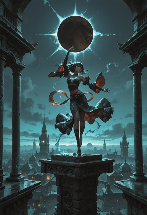 ultra-HD, 8K, ultra detailed, concept art, masterpiece, best quality, amazing quality, newest, absurdres, highres, masterwork, detailed, high detail, very aesthetic, great atmosphere, amazing ambience, perfect composition, sharp focus, dramatic lighting, intricate, dynamic, rich color, (teal theme), scenic, background, ((action, dynamic, dark sorceress velvet, raven hair, obsidian tower balcony, eclipse lighting)), 1girl, [blade_(galaxist):minaba_hideo:8], BurstDaal, linele55fantasy, no lineart, patterned clothes, elegant, sublime, highly contrasted, extremely lush, cinematic, light, crisp, directed, intense
