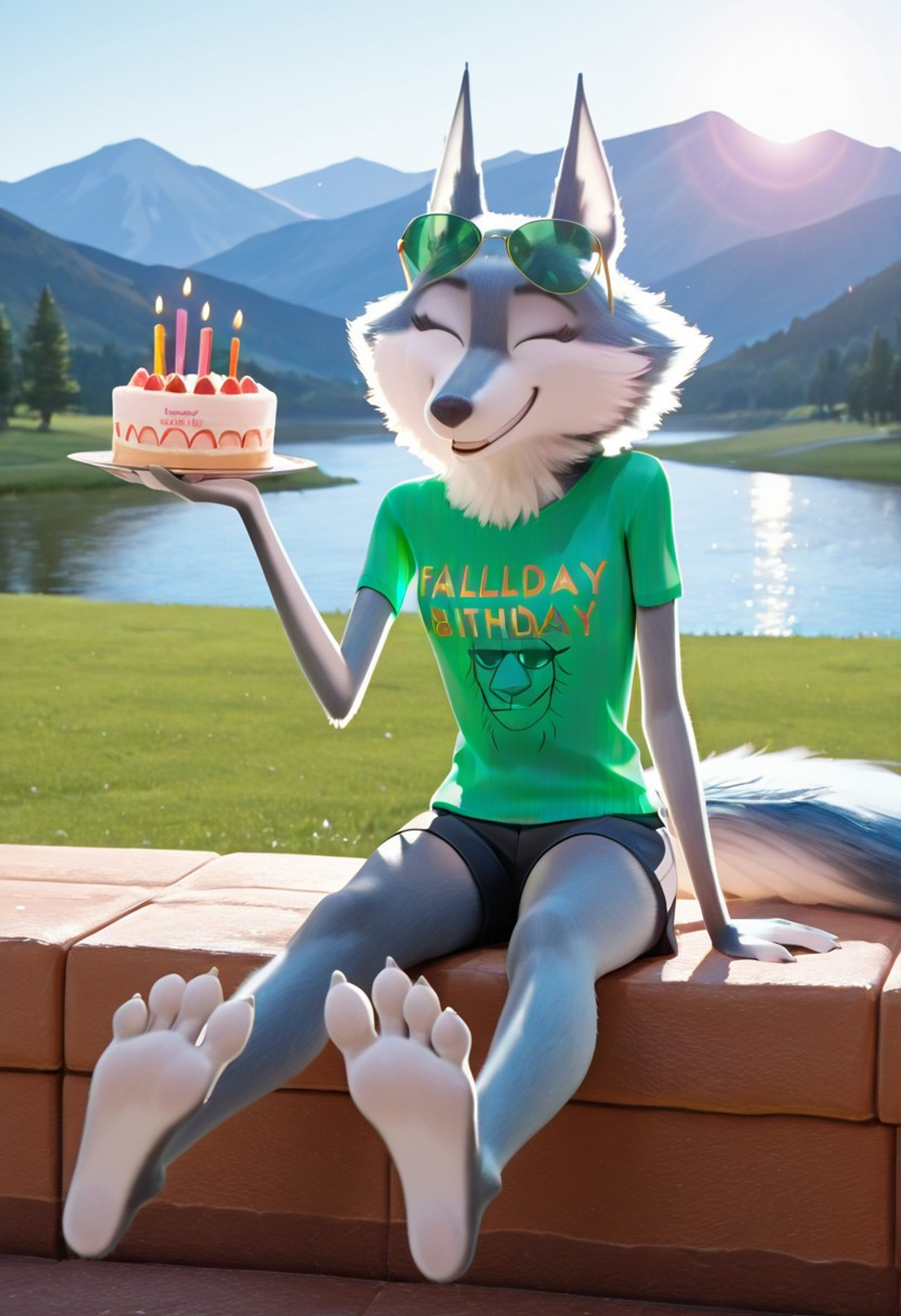 4k, amazing quality, masterpiece, solo, 1girl, wolf girl, mature female, furry, furry female, looking at cake, smiling, happy smile, cheerful smile, sweet smile, fullbody, sitting, hilltop, sitting against a tree, Holding a birthday cake, birthday cake, cake, birthday ballons, birthday candles, cute, full body, Porsha, Porsha Crystal, eyes closed while blowing birthday cabdles, perfect face, white-blue fur, wolf girl, wolf ears, wolf tail, green t-shirt, small breasts, black gym shorts, bare legs exposed, barefoot, humanoid wolf feet, five toes, detailed humanoid wolf feet, foot fetish, feet focus, foot focus, humanoid Anthro wolf feet, five toes, detailed five toes, 5 toes, claws, toe claws, razor sharp toenails, toes spreading, toes wiggling, soles, sunglasses, eyewear on head, green eyewear, outdoors, Valley, mountains, lake, big lake, landscape, Fall mountains, Daytime, Sun Shining,