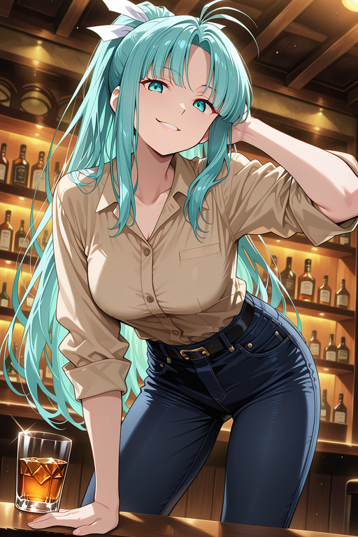 masterpiece, best quality, amazing quality, very aesthetic, absurdres, newest, anime screencap, anime colouring, highres, very detailed, anime, good anatomy, unholy-aesthetic, ultra detailed face,ultra detailed eyes, perfect eyes,

herencia,

night, bar (place), indoors,

1girl, solo,

m1a, aqua hair, parted bang, high ponytail, long hair, antenna hair, sidelocks, aqua eyes, medium breasts,
hair ribbon, white ribbon,

business shirt, beige shirt, black jeans, (low jeans:1.2), black belt, rolled up sleeves,

whiskey glass,

{
standing|
standing, from below|
standing, hand on hip|
dynamic pose|
standing, bent over, close up|
standing, hand behind head|
standing, bent over, from above|
standing, bent over, from below|
standing, bent over, from above, close up, hand behind head|
standing, bent over, from below, close up, hand behind head|
sitting|
from behind, ass|
from behind, ass support
},

sadistic smirk, 

looking at viewer,

addmicrodetails,