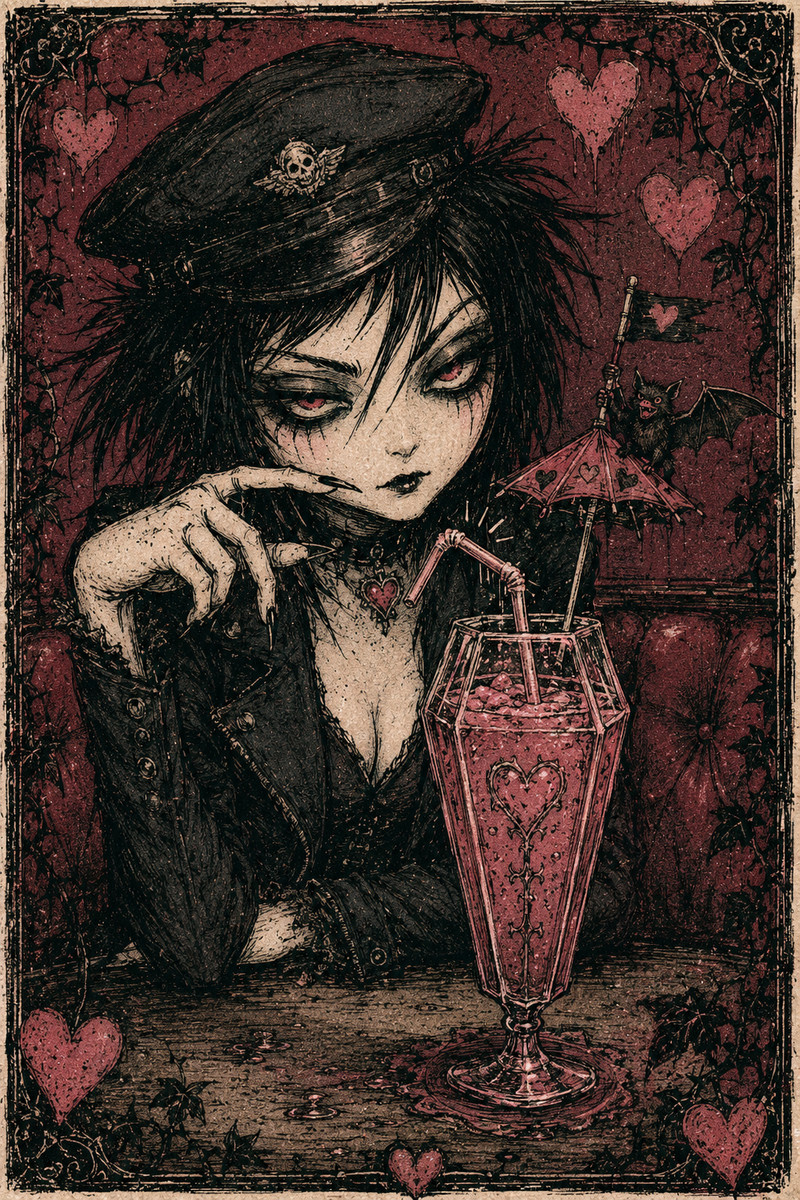 {
“artist_or_style_name”: “Velvet-Coffin Valentine Scratchprint Noir”,
“linework”: “Nervy black scratchprint c