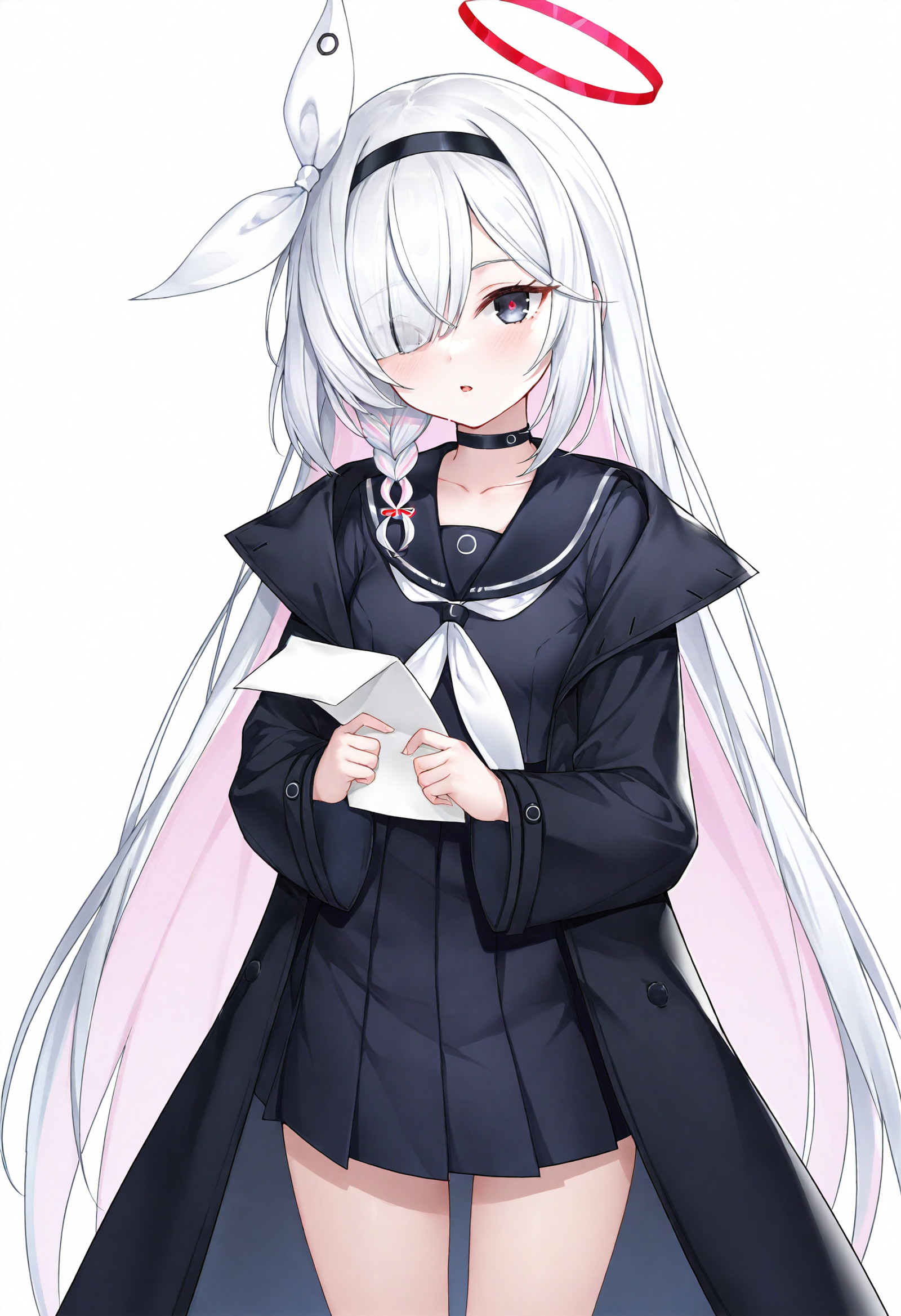 1girl, plana \(blue archive\), 
solo, halo, long hair, hairband, choker, black hairband, school uniform, black choker, serafuku, black eyes, black serafuku, colored inner hair, white hair, skirt, white background, hair over one eye, multicolored hair, simple background, looking at viewer, black sailor collar, red pupils, sailor collar, black skirt, pink hair, pleated skirt, black coat, long sleeves, braid, holding, white neckerchief, white ribbon, coat, paper, neckerchief, very long hair, parted lips, collarbone, open coat, single braid, hair ribbon, ribbon, holding paper, open clothes, blush, wide sleeves, white bow, bow, red halo, side braid, two-tone hair, hair bow,
masterpiece, best quality, newest, absurdres, highres
 <lora:melailai2_noobv1.0-000197:0.8>