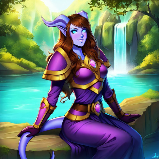masterpiece, high quality, 1female, solo, adult, highly detailed, World of Warcraft, WoW, draenei, drnei, purple skin, blue eyes, brown hair, long hair, wavy hair, pointy ears, horns, tail, shoulderpads, purple robe, purple gloves, beautiful face, smiling, sitting, laid back, day, waterfall, forest, front view, details