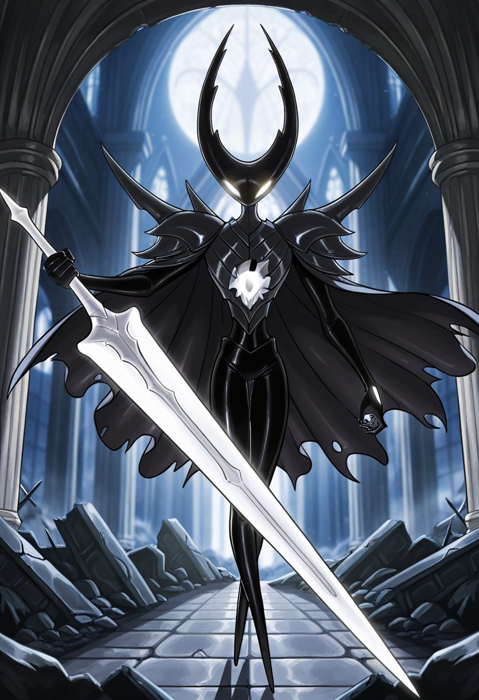 masterpiece, best quality, amazing quality, cartoon, retro artstyle, 1990s \(style\), 1boy, solo, Pure Vessel, HK,mature, (white hollow knight mask), dark body, glowing eyes, green eyes, smoky eyes, (no mouth), kn1ghtd3lta, shadow creature, black bodysuit, spiked shoulders, armor, dark cape, torn cape, holes in hands, hole in chest, pointed legs, standing, sword stance, glowing weapon, greatsword, holding sword, looking at viewer, glaring, dark cathedral, ruins, cowboy shot, full body, closeup,
