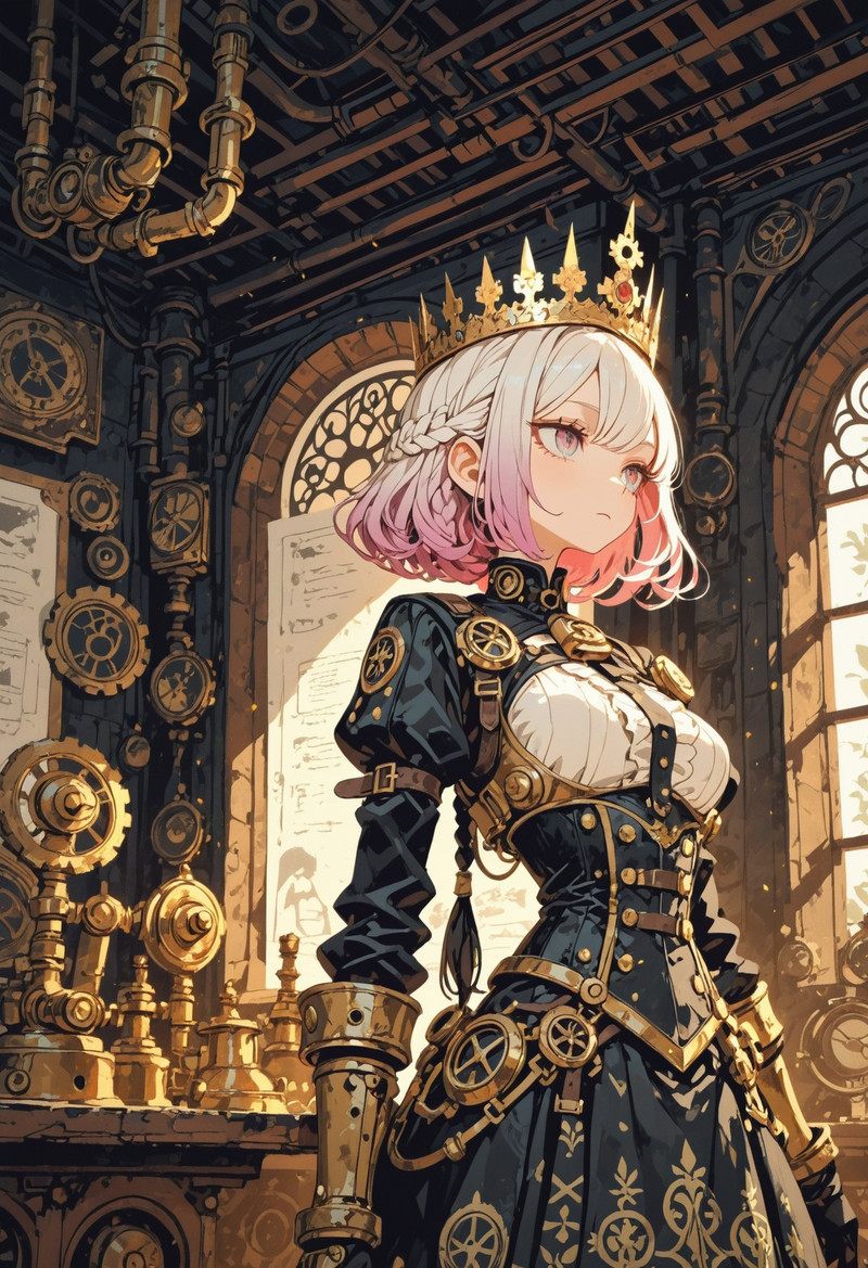 masterpiece, best quality, concept art, (white and black theme), ((Steampunk inventor attire, intricate braide
