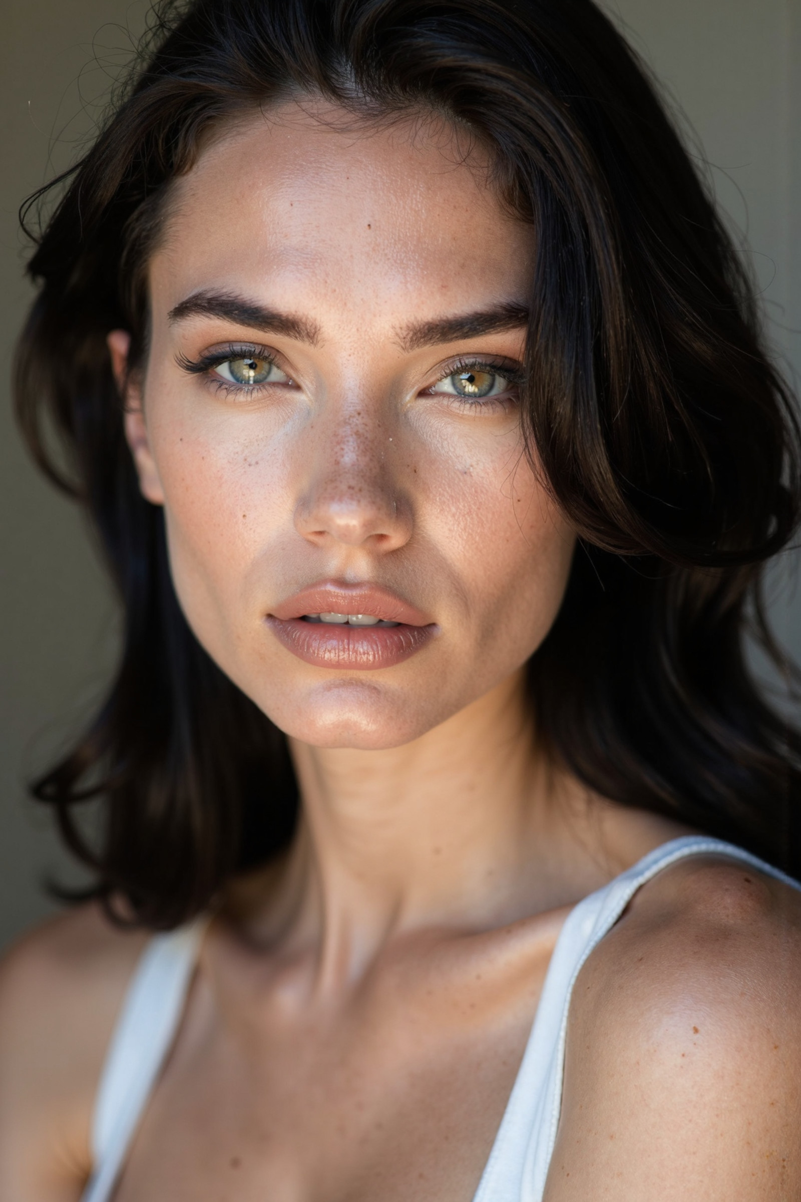 slim female, supermodel, looking at viewer, piercing gaze, waist-up portrait, detail focus, beauty photography, 