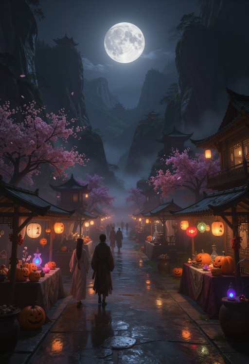 A moonlit mountain valley unfolds as a mystical night market nestled between dark pagodas, towering rock spires, and flowering cherry trees in full bloom, with a massive glowing full moon suspended low above the distant peaks and reflecting across a narrow river that winds through the scene. Wet stone paths and wooden bridges lead through market stalls filled with carved pumpkins, glowing lanterns, glass curios, luminous spirit ornaments, and rich clusters of warm orange, magenta, violet, and crimson light, while soft veils of mist settle between the buildings and the water. Adult figures in long coats and layered robes move through the market as elegant silhouettes, adding life and scale, and scattered petals drift through the air in swirling arcs that give the scene a sense of motion and atmosphere. The composition is captured from a low camera position near the wet path, looking slightly upward into the valley with a clear Dutch angle that tilts the architecture and moon into a dramatic diagonal flow, while the leading line of the illuminated walkway pulls the eye deep into the frame. A 28mm lens look creates immersive spatial depth, with the foreground reflections, lantern-lit market stalls, and passing figures sharply present while the distant moonlit cliffs and upper pagodas recede into layered atmospheric haze. The lighting is cinematic and emotionally rich, built around the moon as a cool silver-blue ambient source and the market lights as a vivid secondary spectrum of neon violet, hot pink, ember orange, and glowing amber that shimmer across wet stone, river reflections, lacquered wood, and drifting mist. Subtle motion blur in the petals, robes, and light reflections gives the scene a living pulse, while the architectural silhouettes remain clear and elegantly readable. The style is a refined fusion of fantasy and nocturnal urban atmosphere, rendered as a high-end digital illustration with painterly depth, luminous reflections, dramatic contrast, rich surface detail, and a mature, enchanted mood. <lora:ZIT_ta86_3xperiment1_2V2:0.1> <lora:zit_ta86_zitvision3:0.3>