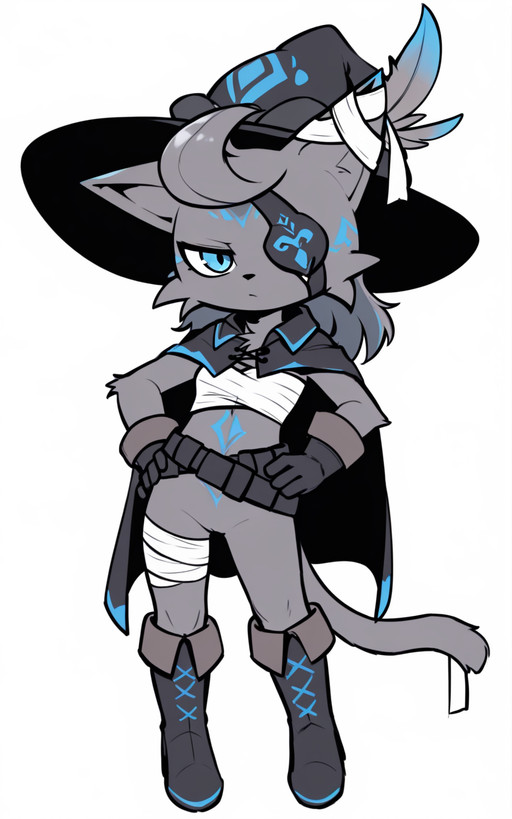 best quality, absurdres, full body,<lora:BolivanteStyleITS:0.8>,   <lora:DTYTBCITS:1>, DTYTBCITS, boots, , knee boots, black footwear, bandages, bandaged leg, belt, tail, cat tail, gloves, black gloves, chest sarashi, cape, black cape, hat, witch hat, black headwear, hat feather, eyepatch, blue eyes, grey hair, animal ears, cat ears, animal nose, body fur, grey fur, furry, body markings, slim, standing, white backgrounds