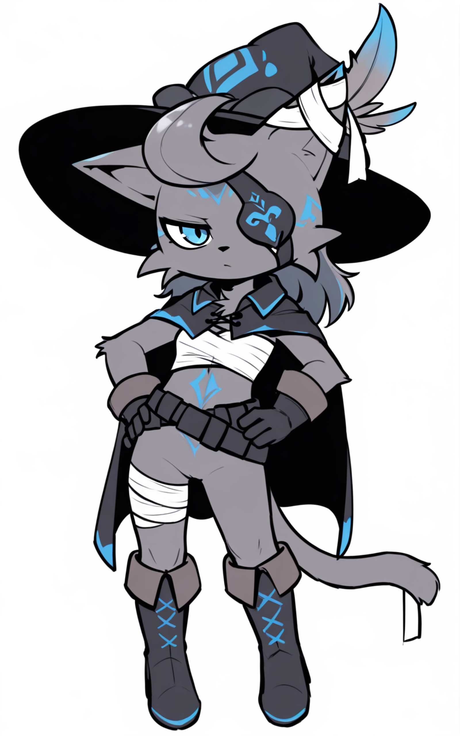 best quality, absurdres, full body,<lora:BolivanteStyleITS:0.8>,   <lora:DTYTBCITS:1>, DTYTBCITS, boots, , knee boots, black footwear, bandages, bandaged leg, belt, tail, cat tail, gloves, black gloves, chest sarashi, cape, black cape, hat, witch hat, black headwear, hat feather, eyepatch, blue eyes, grey hair, animal ears, cat ears, animal nose, body fur, grey fur, furry, body markings, slim, standing, white backgrounds