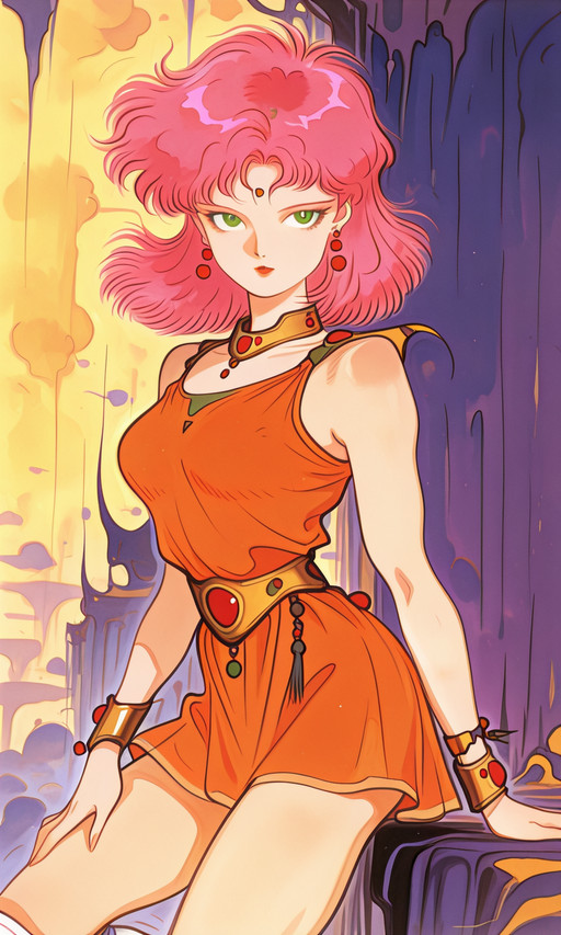 masterpiece,1girl,solo, lennact,pink hair, green eyes, medium hair,red earrings, gold collar, orange dress, sleeveless dress, short dress, gold belt, gold bracelet, white boots<lora:Yoshitaka Amano_illustriousXL:2.0>  <lora:fflenna-illu-nvwls-v1:1>