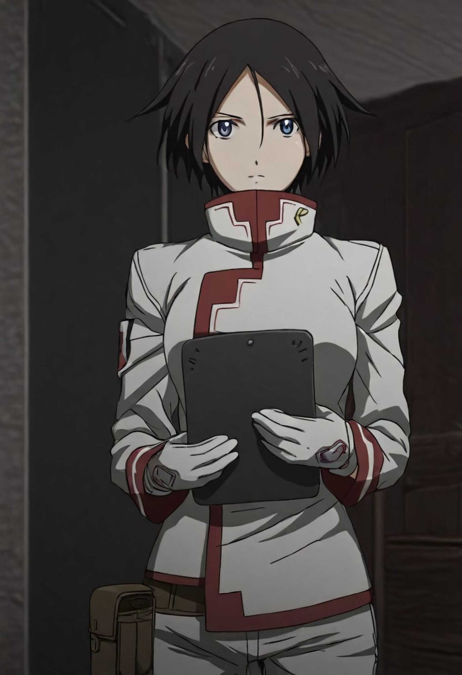 score_9, score_8_up, (best quality), (highly detailed) ,masterpiece ,absurdres ,detailed face, beautiful face, detailed eyes, anime screenshot, anime coloring,
1girl, solo, LetoBB, black hair, blue eyes, parted bangs, short hair, white military uniform, white pants, black boots, white gloves, holding tablet, indoors, looking tablet, dynamic angle