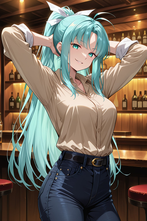 masterpiece, best quality, amazing quality, very aesthetic, absurdres, newest, anime screencap, anime colouring, highres, very detailed, anime, good anatomy, unholy-aesthetic, ultra detailed face,ultra detailed eyes, perfect eyes,

herencia,

night, bar (place), indoors,

1girl, solo,

m1a, aqua hair, parted bang, high ponytail, long hair, antenna hair, sidelocks, aqua eyes, medium breasts,
hair ribbon, white ribbon,

business shirt, beige shirt, black jeans, (low jeans:1.2), black belt, rolled up sleeves,

{
standing|
standing, from below|
standing, hands on hip|
dynamic pose|
standing, bent over, close up|
standing, hands behind head|
standing, bent over, from above|
standing, bent over, from below|
standing, bent over, from above, close up, hands behind head|
standing, bent over, from below, close up, hands behind head|
sitting|
sitting, presenting foot, sole, from below|
from behind, ass|
from behind, ass support
},

sadistic smirk, 

looking at viewer,

addmicrodetails,