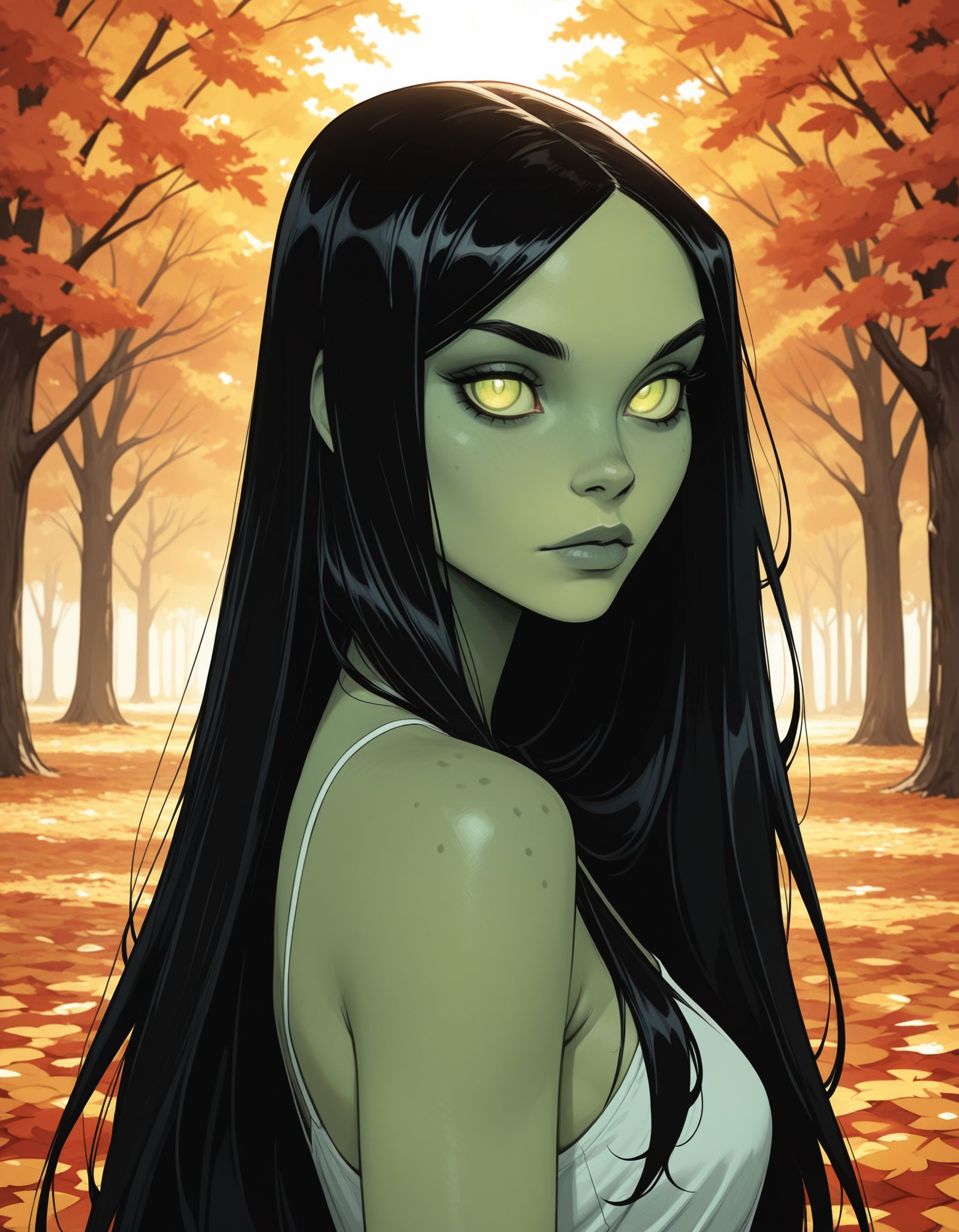 Masterpiece, Best quality, Backlights, ultra-detailed quality, dynamic composition, natural lighting, solo,
<lora:OCGav1n4:1.0>
OCGav1n4, long hair,  black hair, green skin, green eyes,
looking at viewer,
upper Body, autumn background