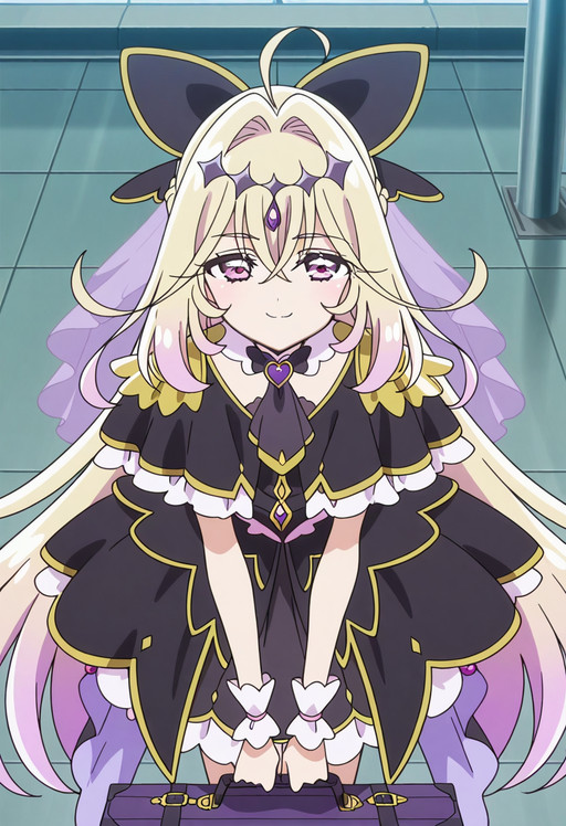 masterpiece, best quality, amazing quality,, cowboy shot, solo, looking at viewer, , <lora:moria-luluka-anime-illustriousxl-lora-nochekaiser:1>, moria luluka, long hair, blonde hair, very long hair, purple eyes, pink hair, braid, purple hair, multicolored hair, hair bow, pink eyes, gradient hair, anime screencap, dress, frills, black dress, wrist cuffs, ascot, black bow, capelet, magical girl, veil, epaulettes, black capelet, bent over, smug,, train station, suitcase, city skyline,