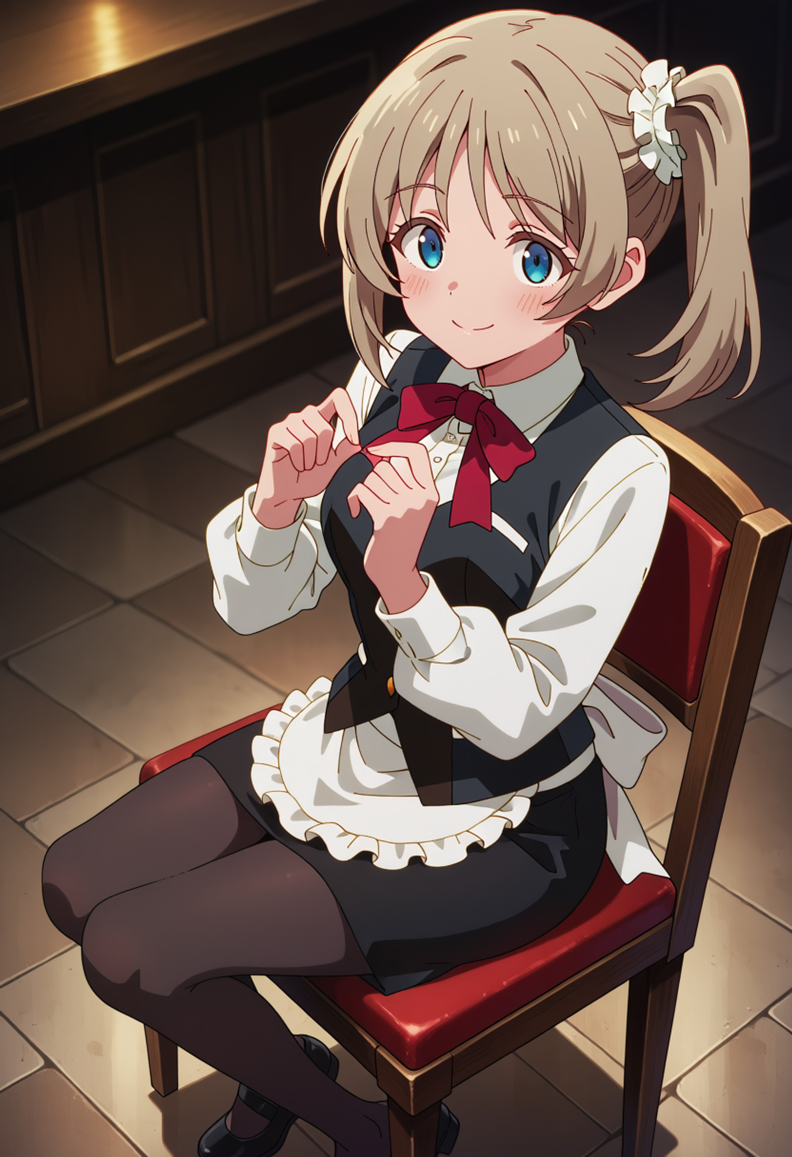 masterpiece, best quality, score_7, highres, absurdres, Wide eyes, love-struck smile, hands close to heart, anime screenshot, safe, mgymisha, hair ornament, side ponytail, hair scrunchie, white scrunchie, blonde hair, blue eyes, long hair, solo,  mishaoutfit, black vest, white shirt, collared shirt, red bow, long sleeves, red ribbon, red bowtie, neck ribbon, ribbon, dress shirt, black skirt, wing collar, apron, waist apron, pencil skirt, black pantyhose, waitress, black footwear, white apron, shoes, mary janes, frilled apron, sitting, on chair, from side, high-angle view,,