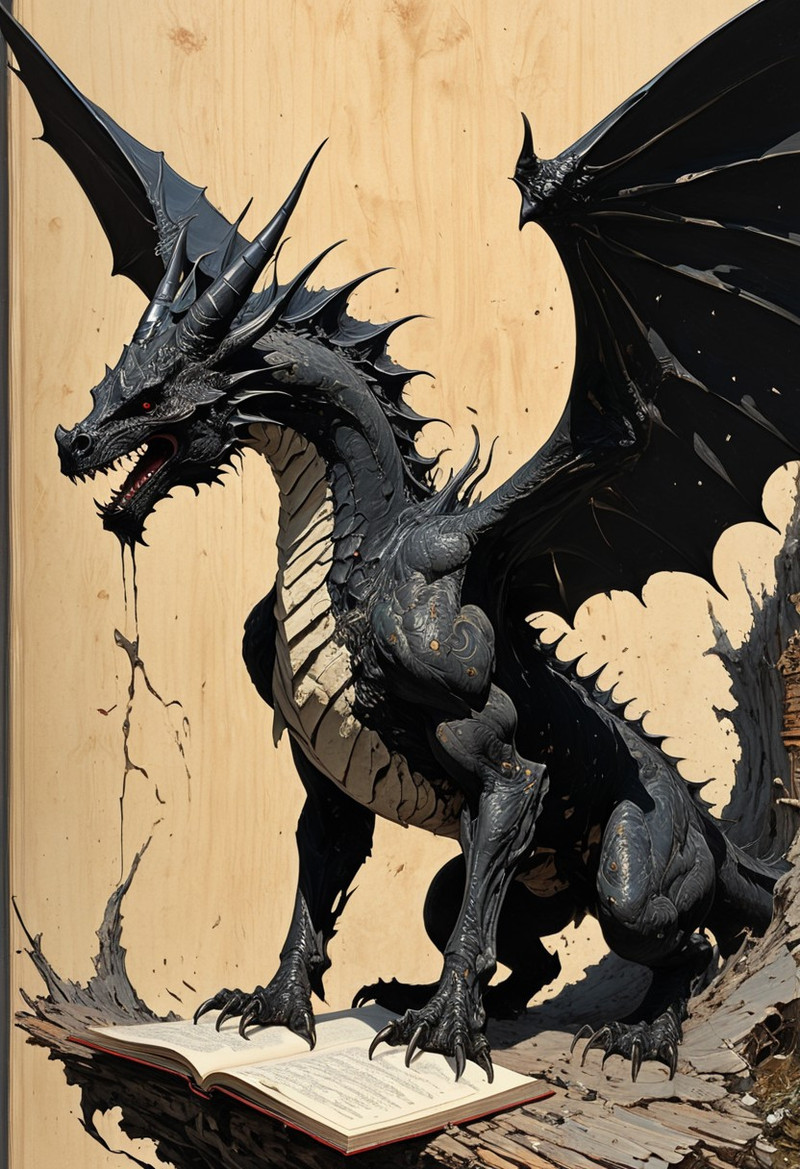 Art painting by Ian McQue and Takashi Murakami and Naoki Saito,  Masterpiece,  A dark, skeletal equine-dragon 