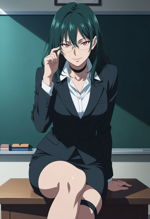 The art style has realistic proportion and mature face shape.
anime, anime coloring, anime screenshot.
1girl, seductive smile, dark green hair, red eyes, long hair, messy hair, slender waist, mature female, medium breasts, rimless eyewear, choker, single thigh strap, skirt suit.
Solo, sitting, indoor, classroom, teacher desk, bookcase, blackboard.
A digital anime-style illustration. A mature female teacher with petite body sitting on teacher desk in her classroom. She smile seductively at the viewer while adjusting her eyewear. The overall lightning and mood is warm.