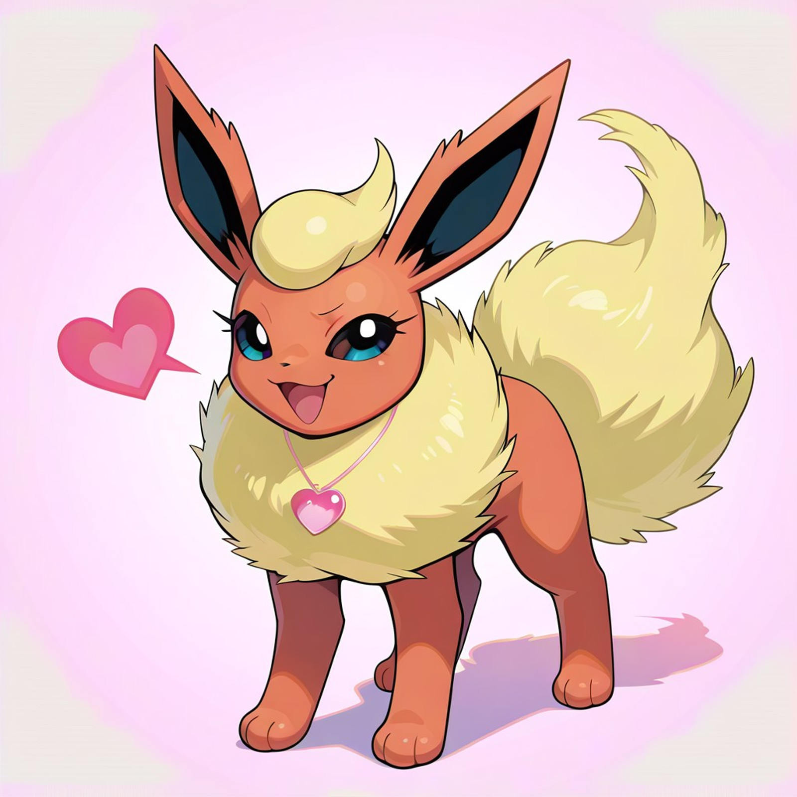 flareon, pokemon (creature), red-orange fur, light yellow tuft, light yellow mane, light yellow tail, dark eyes, quadruped
female, girly, (((long eyelashes))), very feminine
full body, solo, (((wearing pink heart necklace))), front view, (((smug))), long eyelashes,  (((tough))), girly, standing confidently, solo, happy, smiling, smirk, (((light pink background))), (standing), full body view, open eyes, open mouth, pokemon_style, flirty
masterpiece, best quality, amazing quality,  score_9, score_8, score_7, no humans, 8k, best quality, amazing quality, (((safe_pos)))