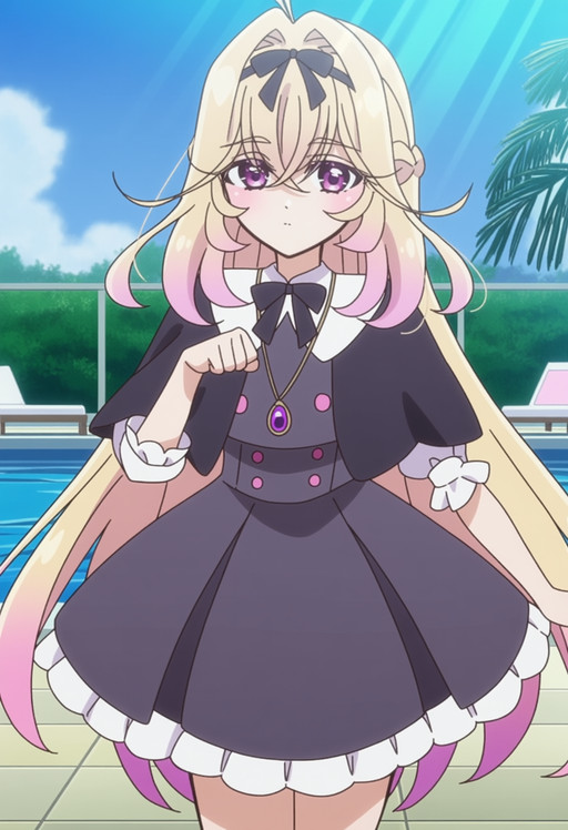 masterpiece, best quality, score_7, amazing quality,, cowboy shot, solo, looking at viewer, , <lora:moria-luluka-anime-anima-lora-nochekaiser:1>, moria luluka, long hair, blonde hair, very long hair, purple eyes, pink hair, braid, purple hair, multicolored hair, hair bow, pink eyes, gradient hair, anime screencap, skirt, dress, jewelry, short sleeves, frills, puffy sleeves, necklace, black dress, puffy short sleeves, buttons, capelet, pendant, black capelet, paw pose, poolside, chairs, sun, towels,