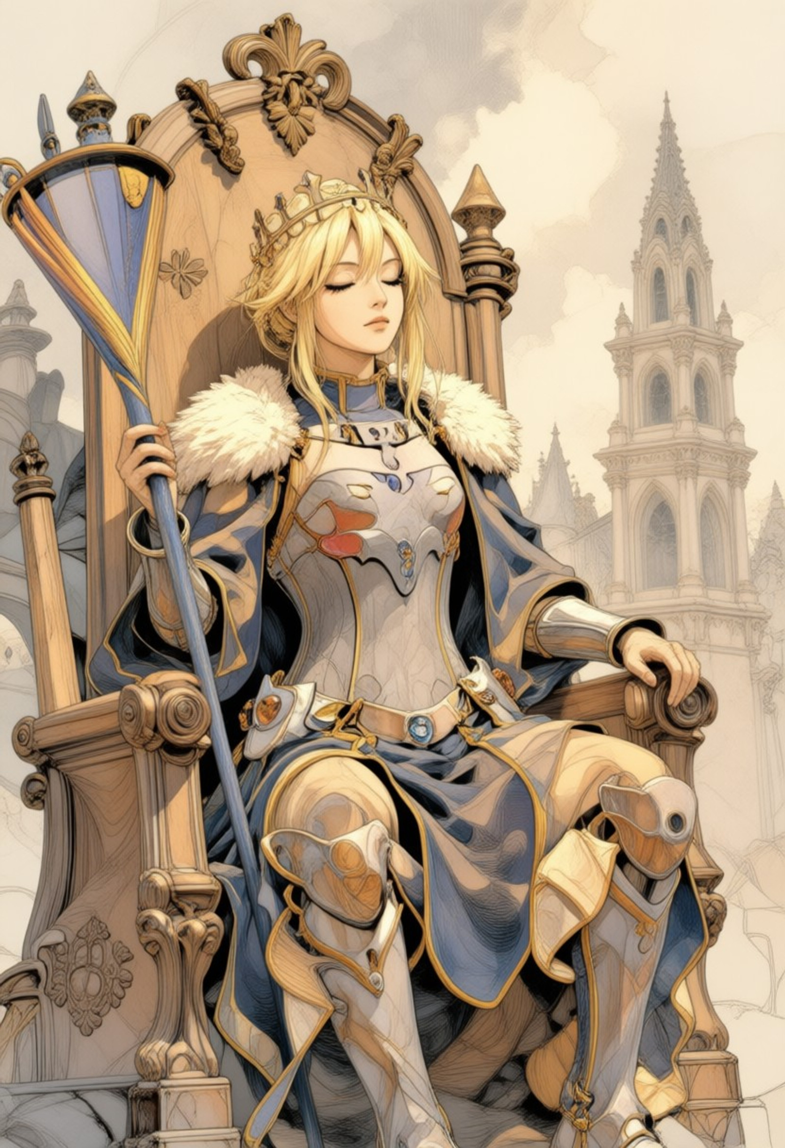 anima_classica, nihonga, ukiyo-e, ink painting, abstract \(theme\), blending,  brash and ink, flowing brash stroke, Artoria Pendragon \(lancer\) from fate seated on an ornate throne, carved entirely from warm honey-toned wood with visible fine grain and hand-chisel details. Hyper-detailed wooden sculpture, photorealistic carving, baroque and gothic ornamentation. Seated, slightly reclined, eyes closed in serene expression, holding a long ceremonial staff in her right hand; crown of slender wooden spires and filigree; thick fur-like carved mantle draped over shoulders. Smooth, embossed wooden plate armor with floral and filigree engravings, layered pauldrons and greaves with realistic join lines and subtle blue cloth visible beneath carved gaps. Three-quarter front view, full torso to knees, centered on throne with tall carved backrest and spire-like finials; background: blurred carved architectural cityscape also in wood to emphasize material unity. Warm directional rim light from top-left to highlight wood grain and carved edges, soft ambient fill for deep shadows in recesses. Visible tool marks, wood grain flow following anatomy, slight lacquer sheen on raised surfaces, thin dust in crevices. Color palette: warm browns and amber highlights with subtle blue cloth accents, low saturation. Camera: 50mm equivalent, shallow depth of field (f/2.8), slightly low angle to convey majesty. Mood: solemn, timeless, handcrafted monument